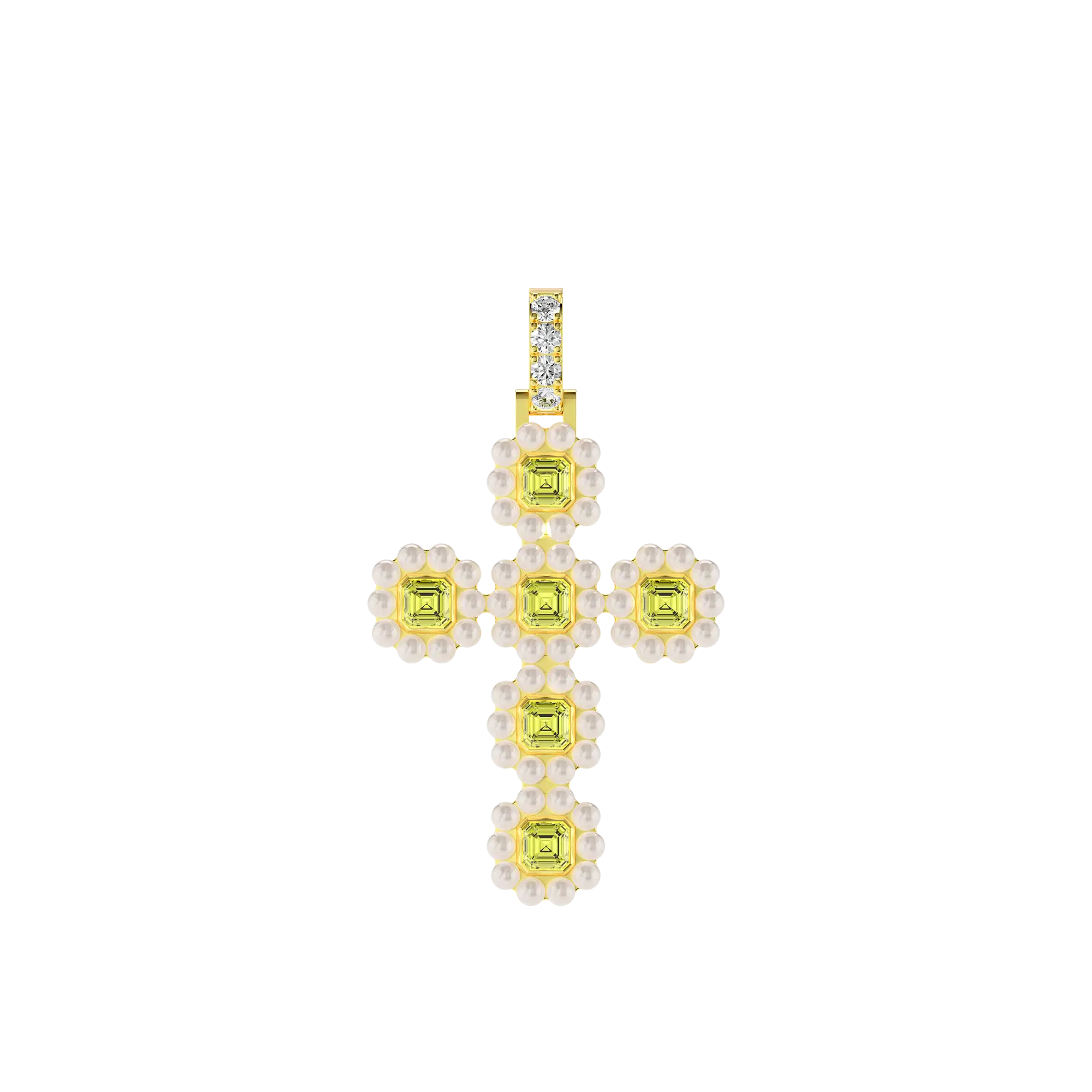 Moissanite Halo Pearl Canary Cross Pendant