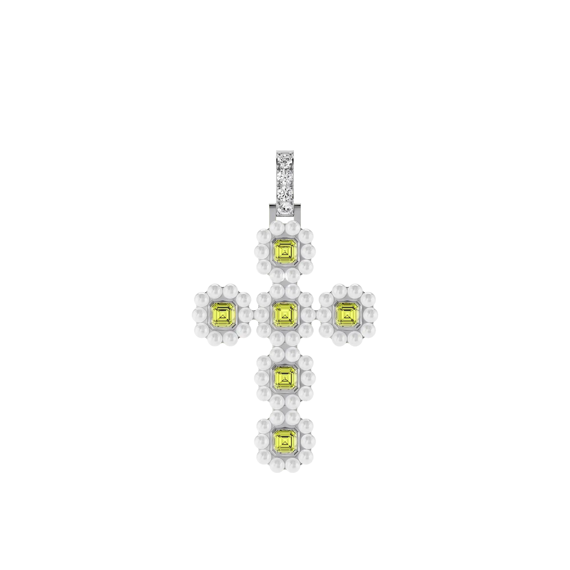 Ciondolo cross di moissanite alone perla canarino