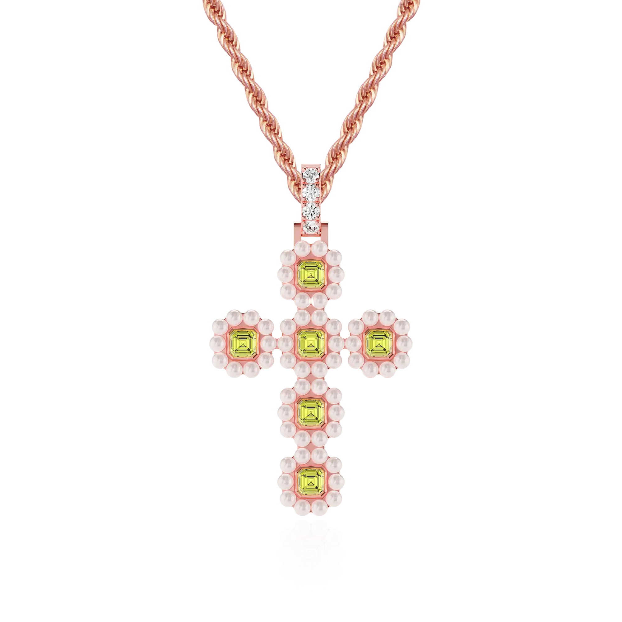 Moissanite Halo Pearl Canary Cross Pendant
