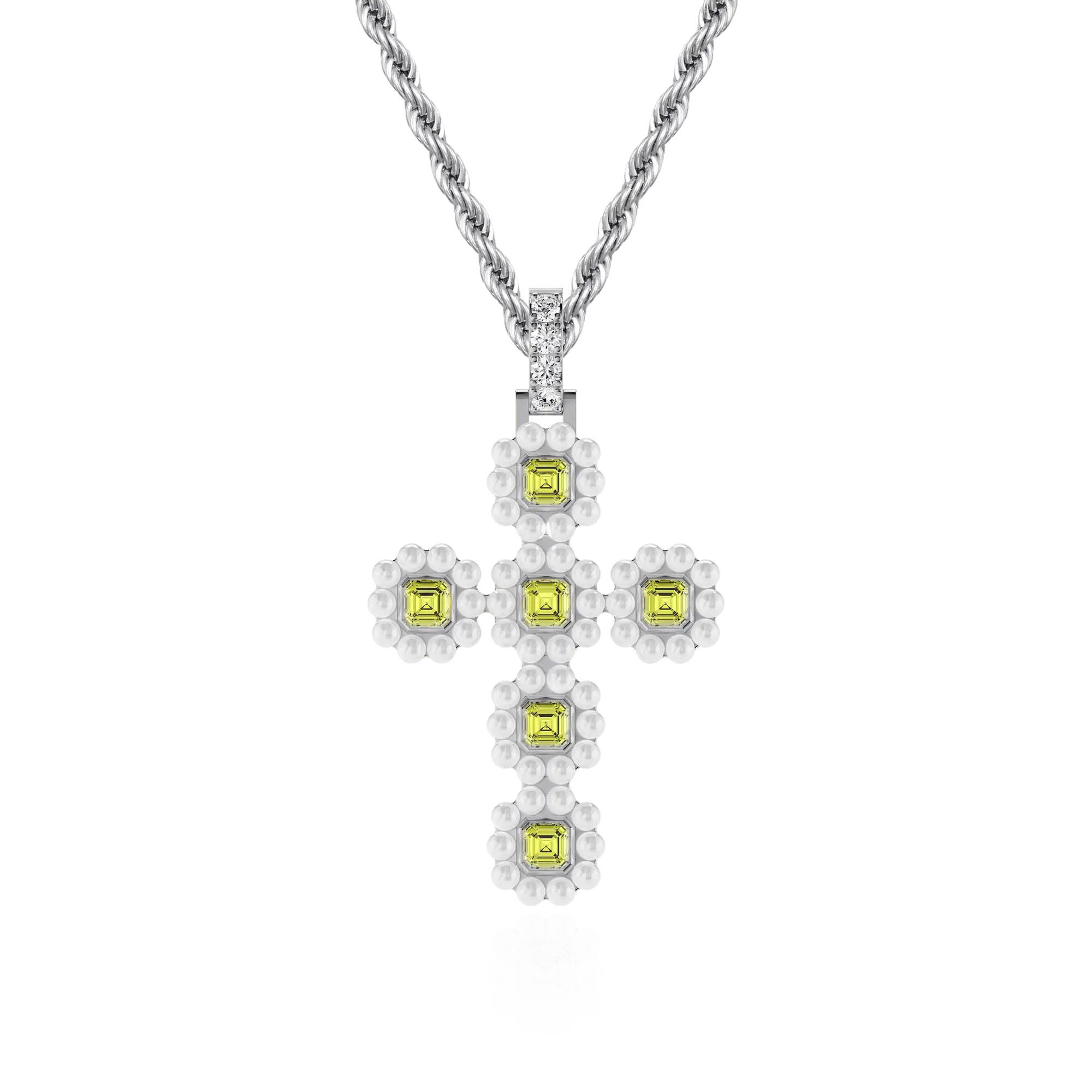 Moissanite Halo Pearl Canary Cross Pendant