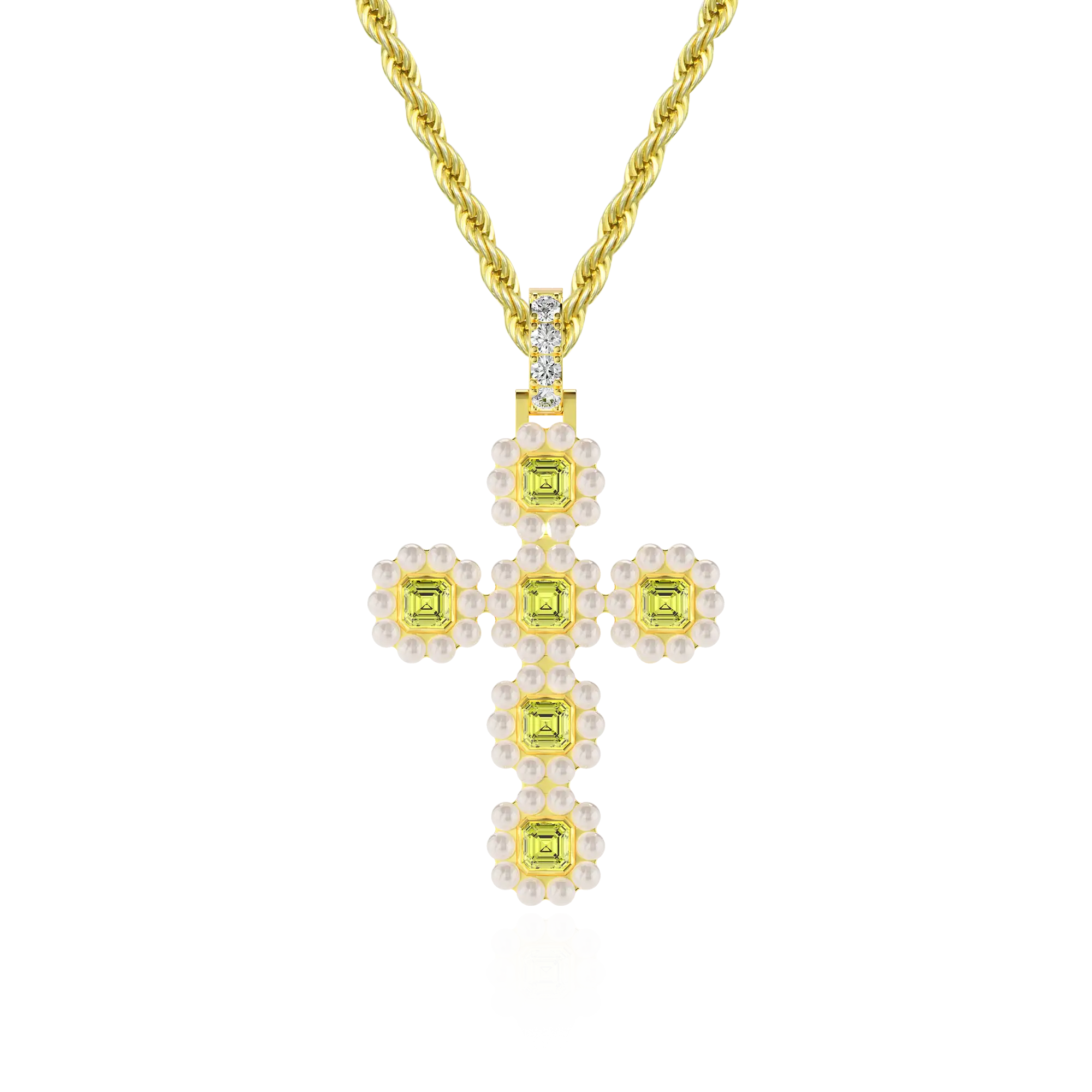 Ciondolo cross di moissanite alone perla canarino