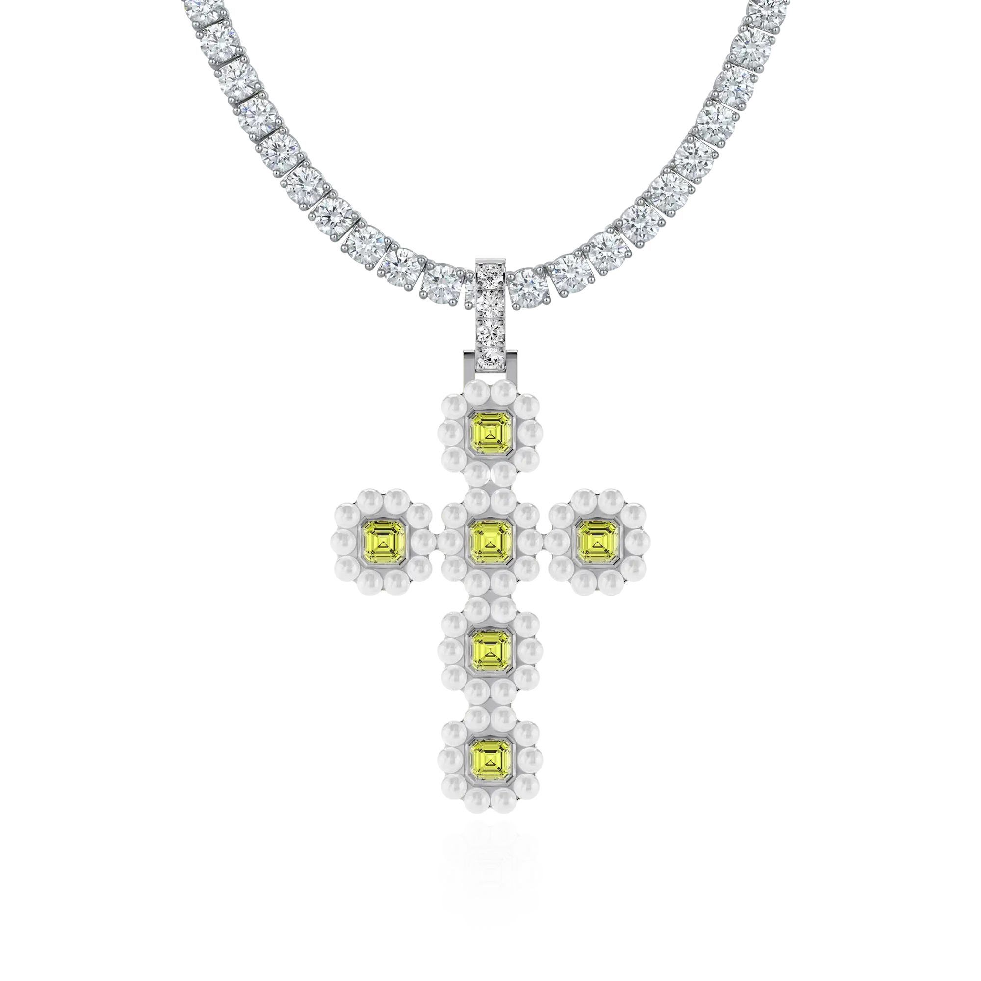 Moissanite Halo Pearl Canary Cross Pendant