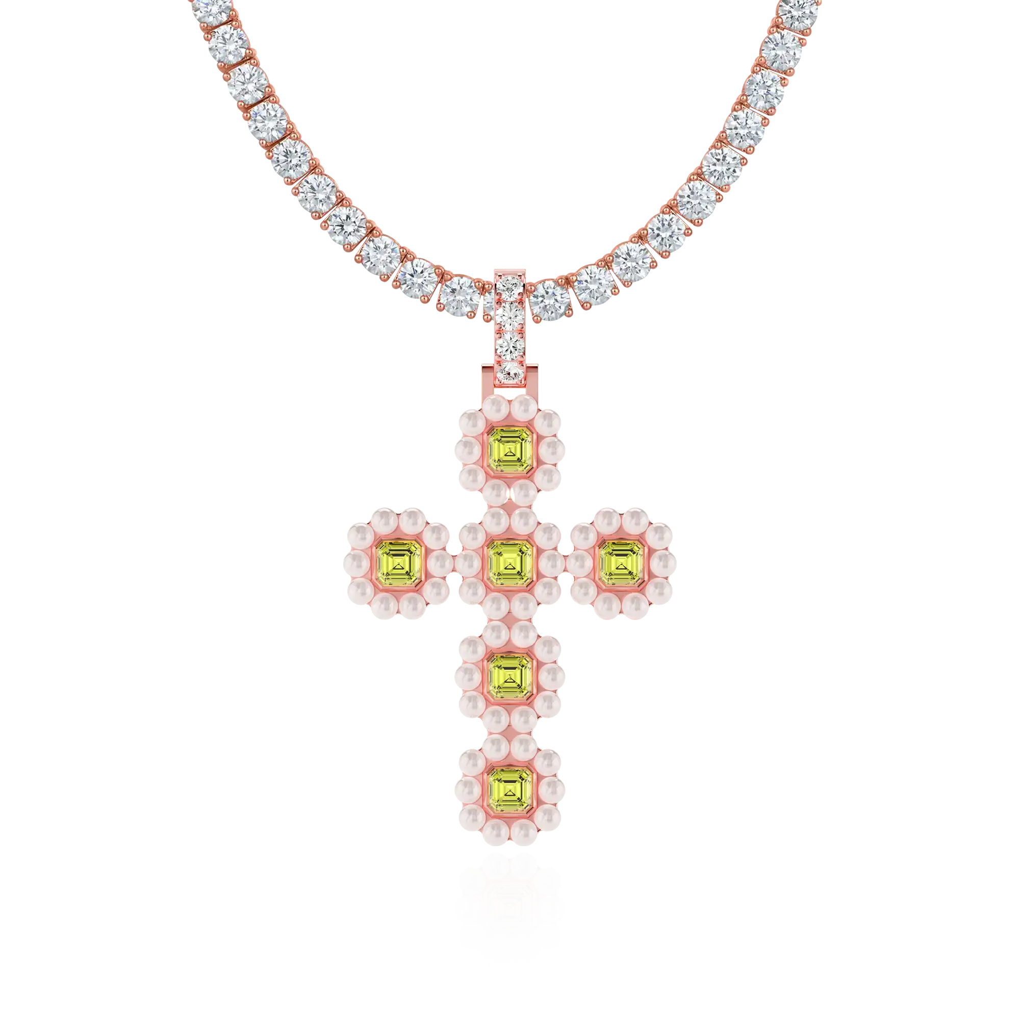 Moissanite Halo Pearl Canary Cross Pendant
