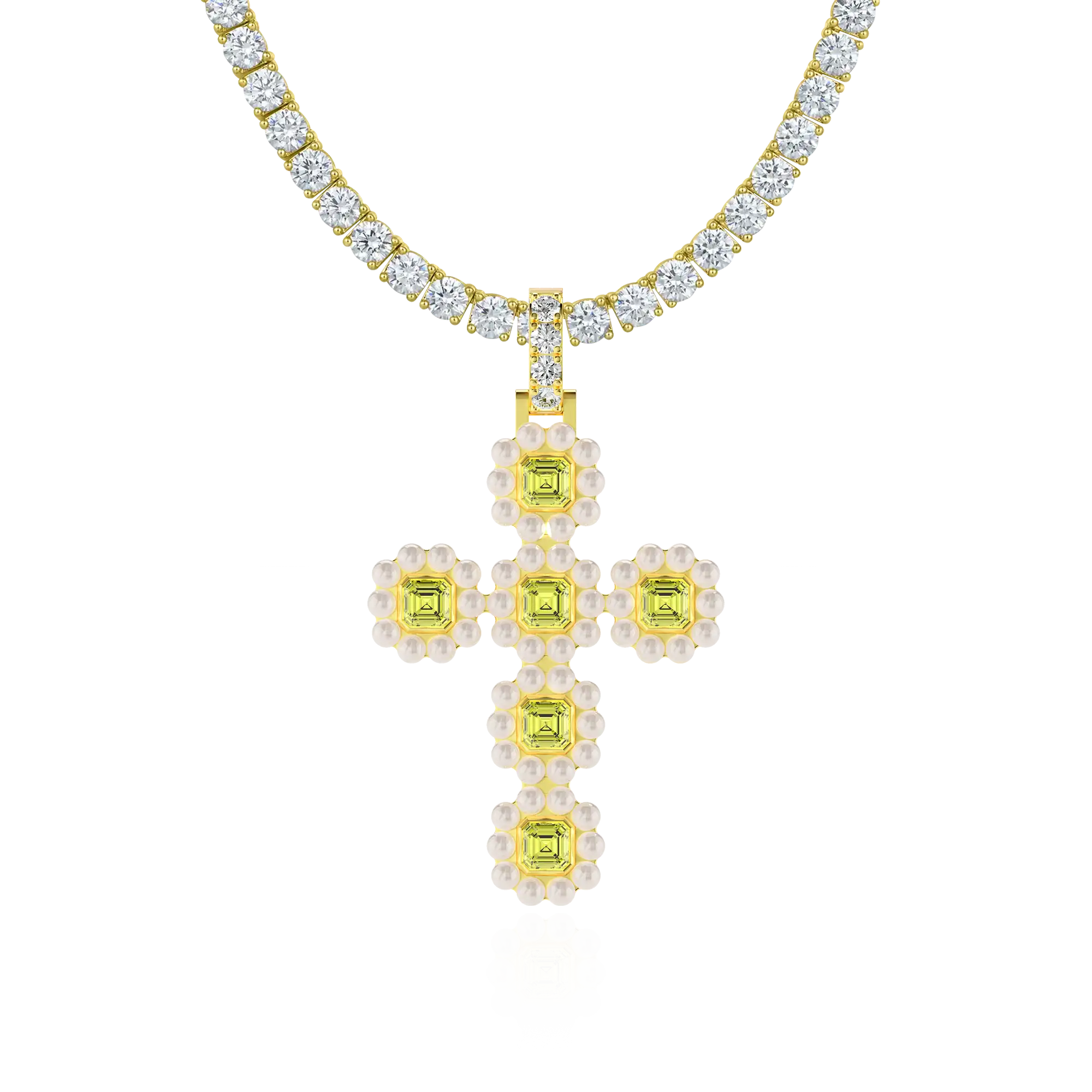 Moissanite Halo Pearl Canary Cross Pendant