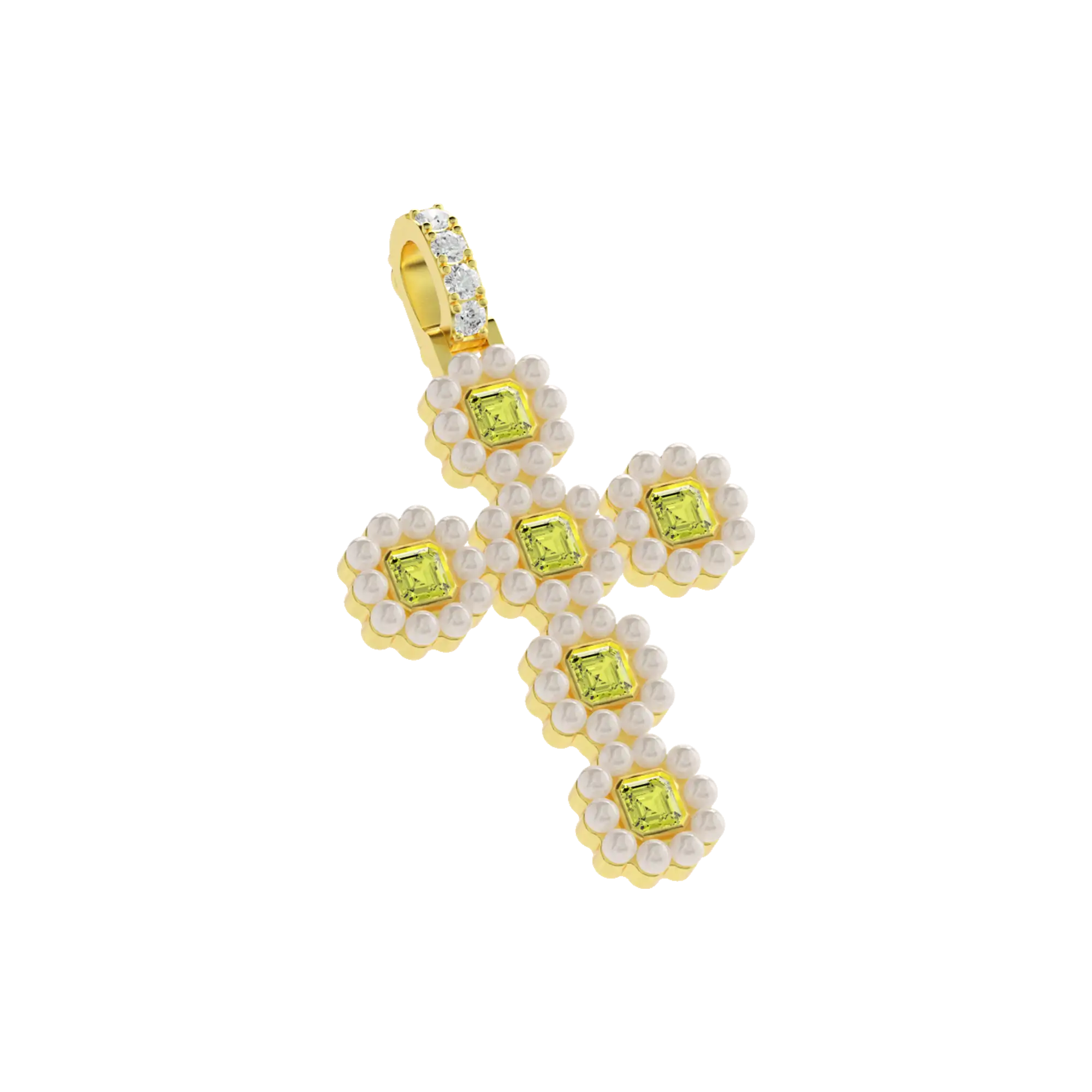 Moissanite Halo Pearl Canary Cross Pendant