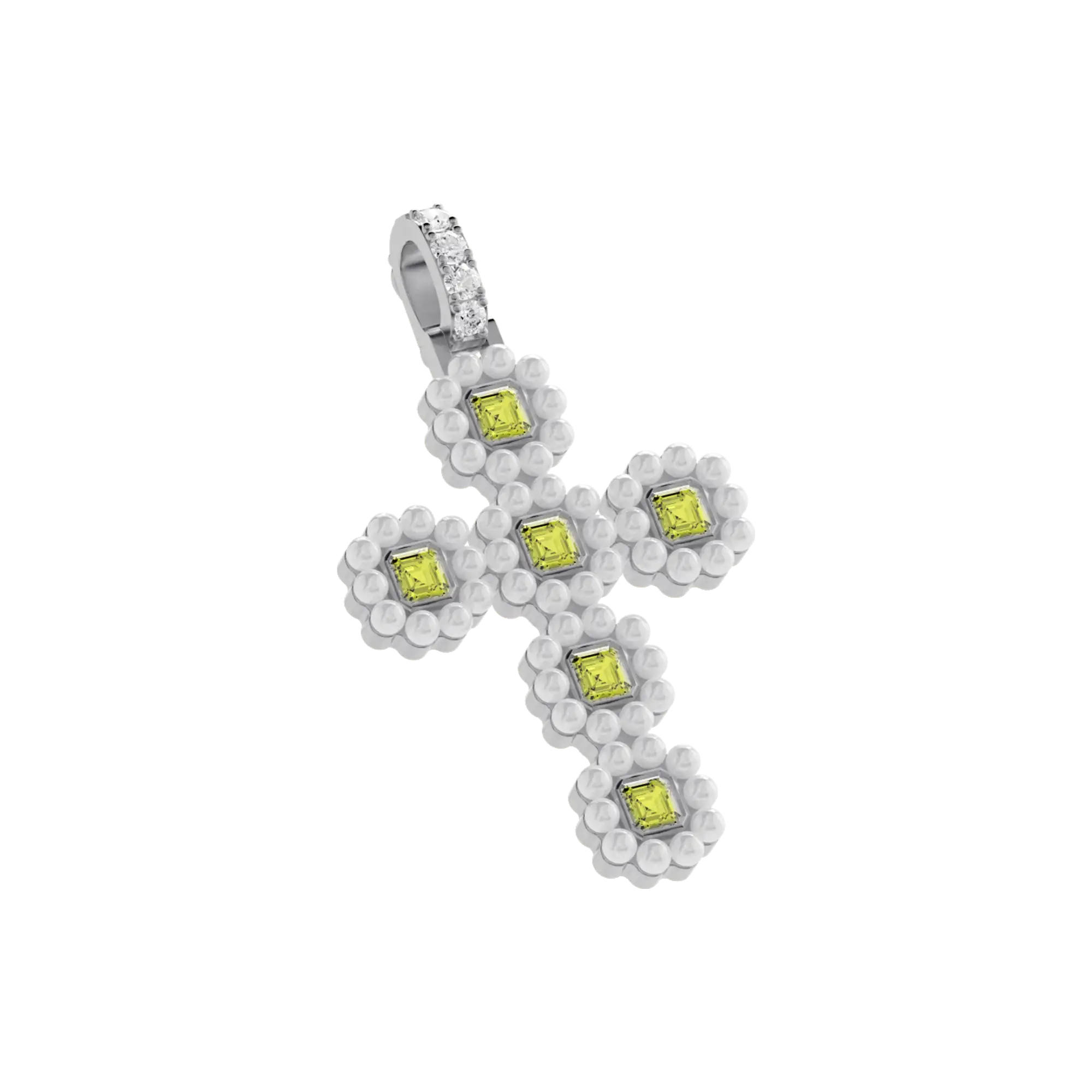 Ciondolo cross di moissanite alone perla canarino
