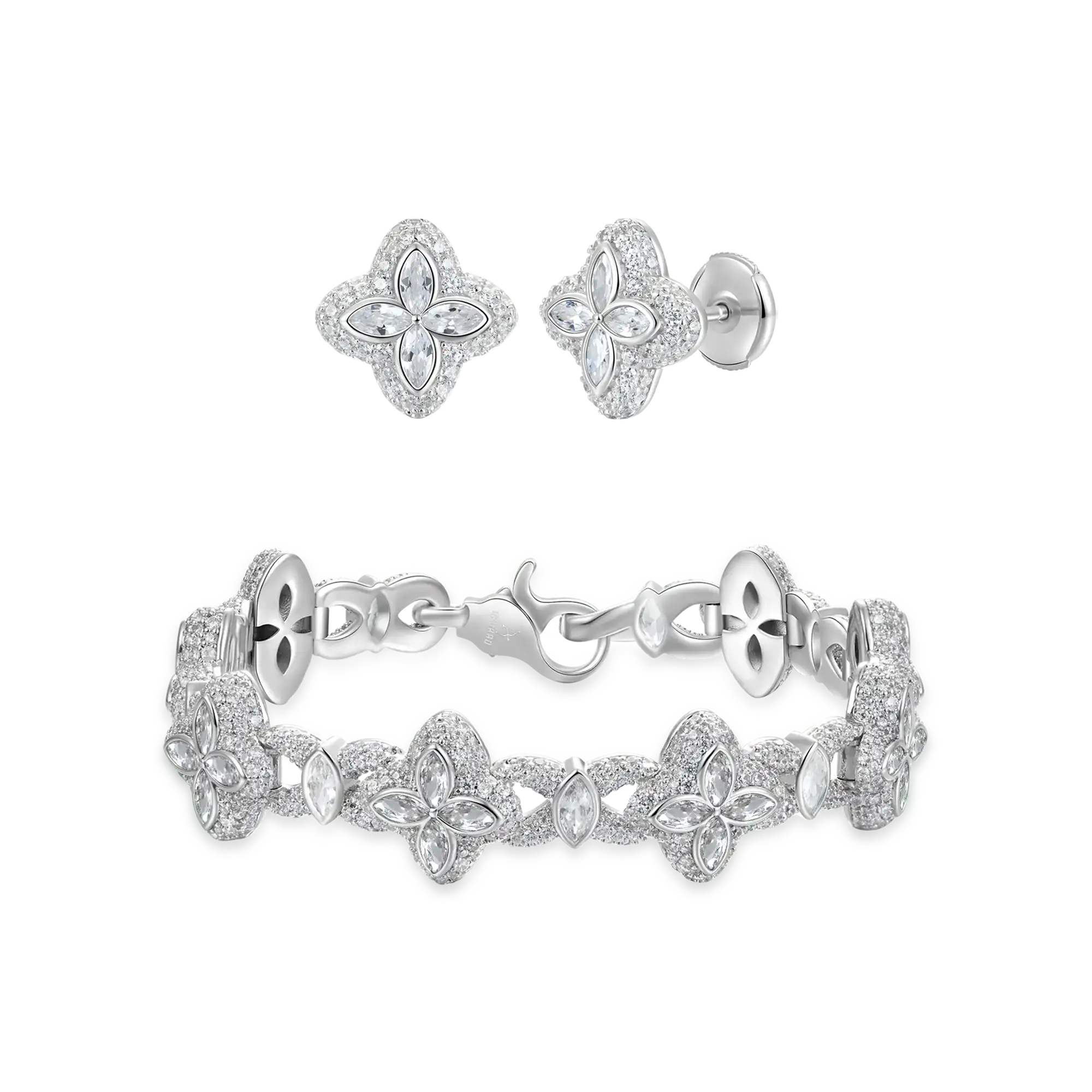 Iced Luminous Clover Bracelet & Earring Set - White Diamond