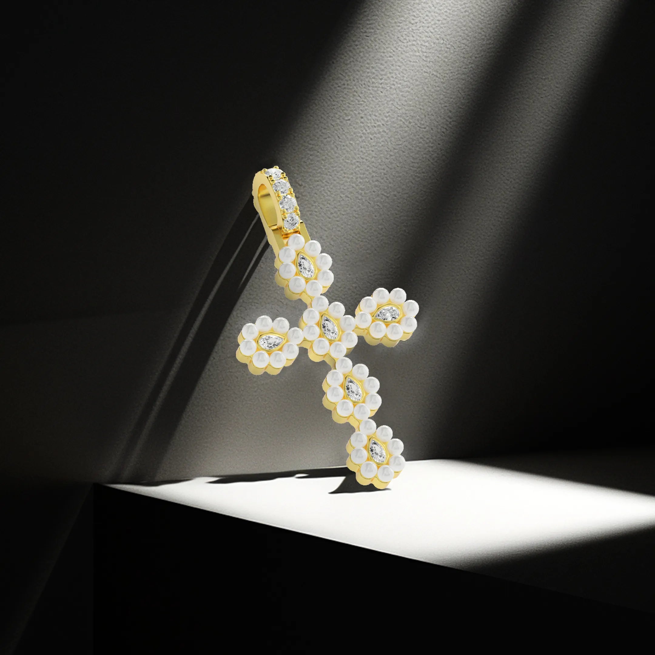 Moissanite Halo Pearl Pear Cross Pendant