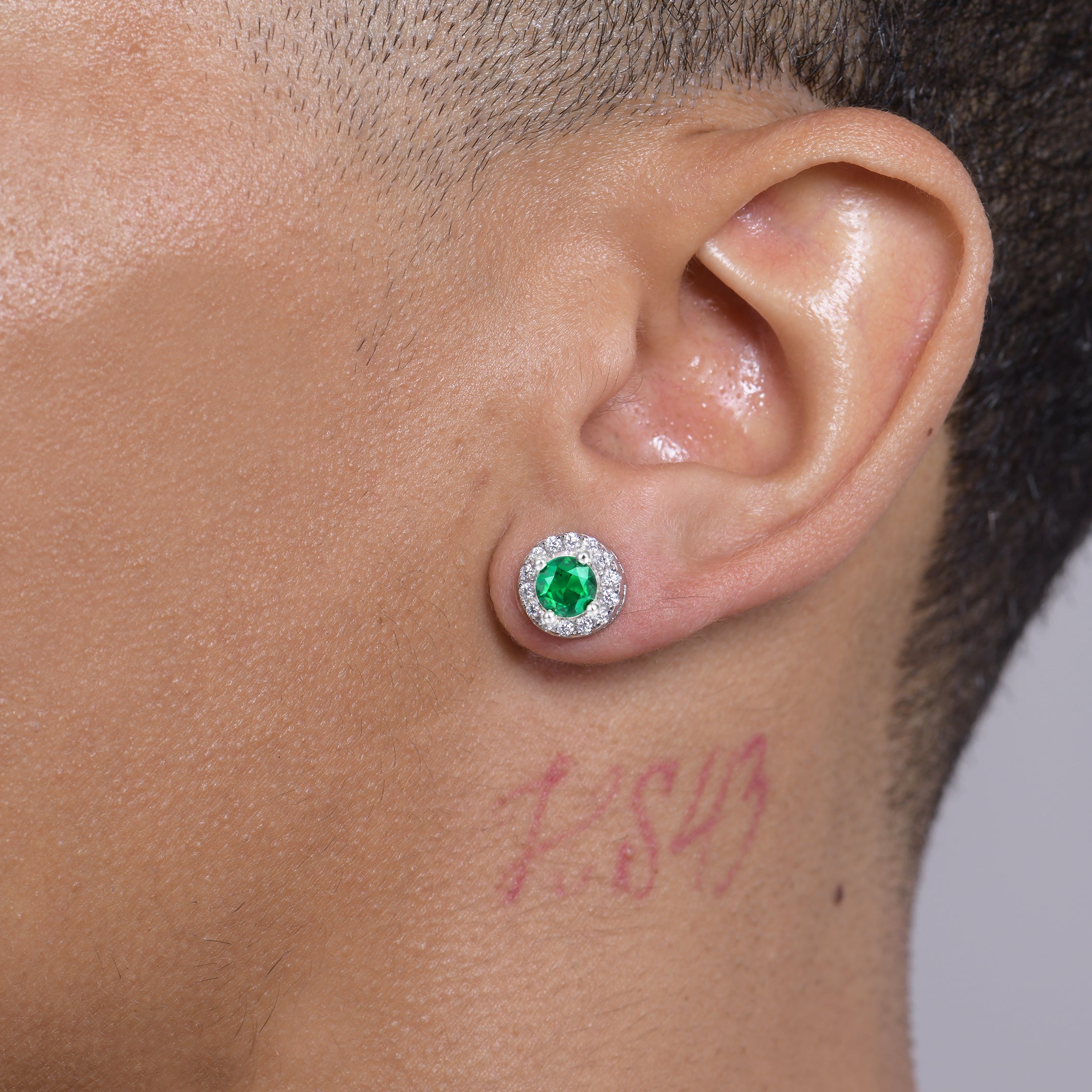 Moissanite Halo Round Cut Stud Earring - Green