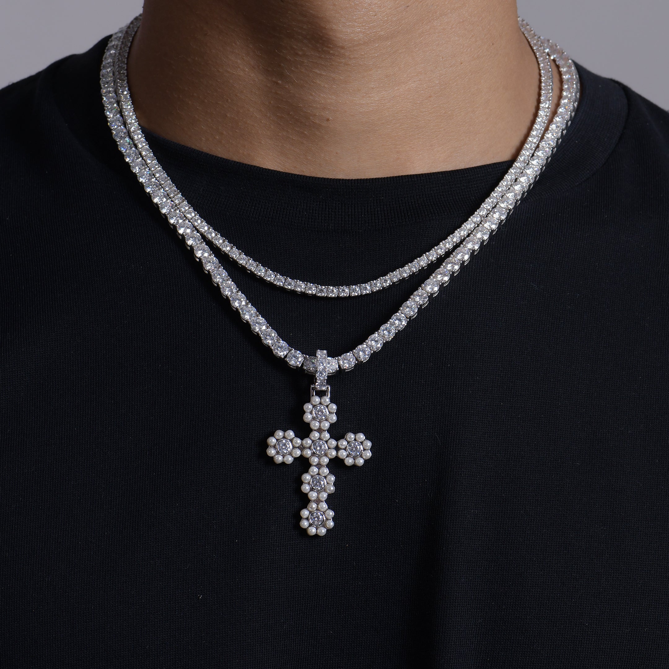 Moissanite Halo Pearl Brilliant Cross Pendant