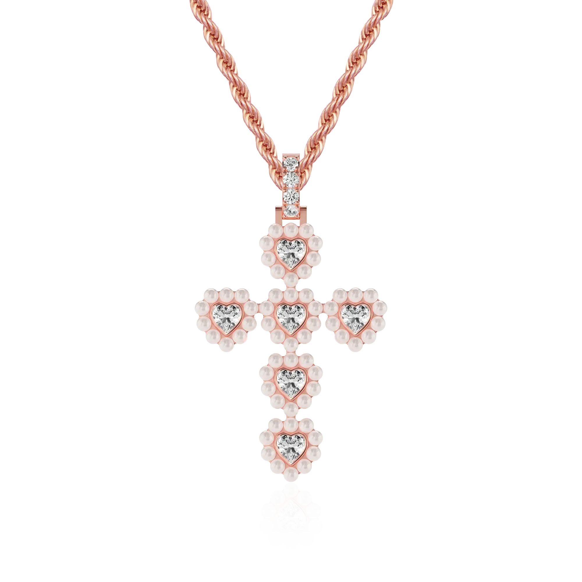 Moissanite Halo Pearl Heart Cross Pendant