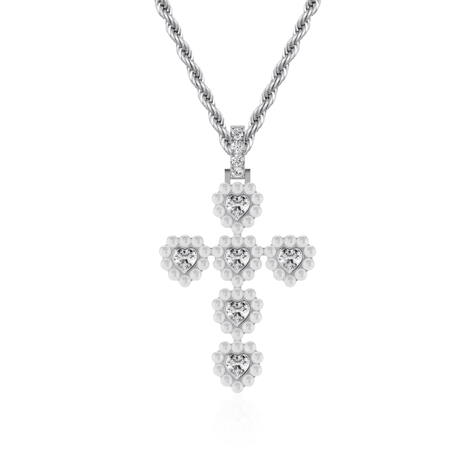 Moissanite Halo Pearl Heart Cross Pendant