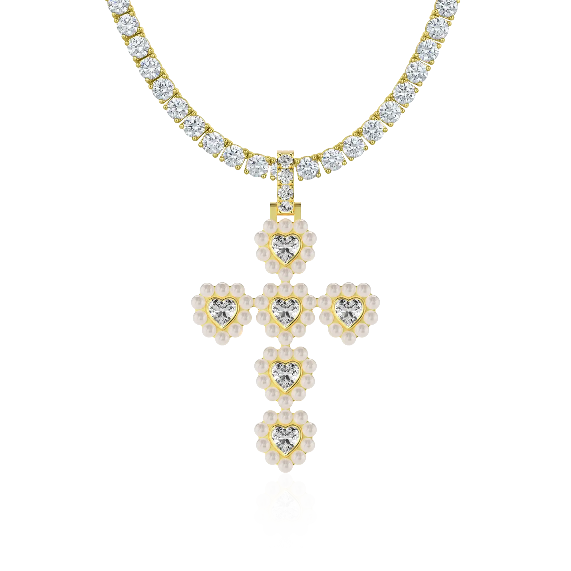 Moissanite Halo Pearl Heart Cross Pendant