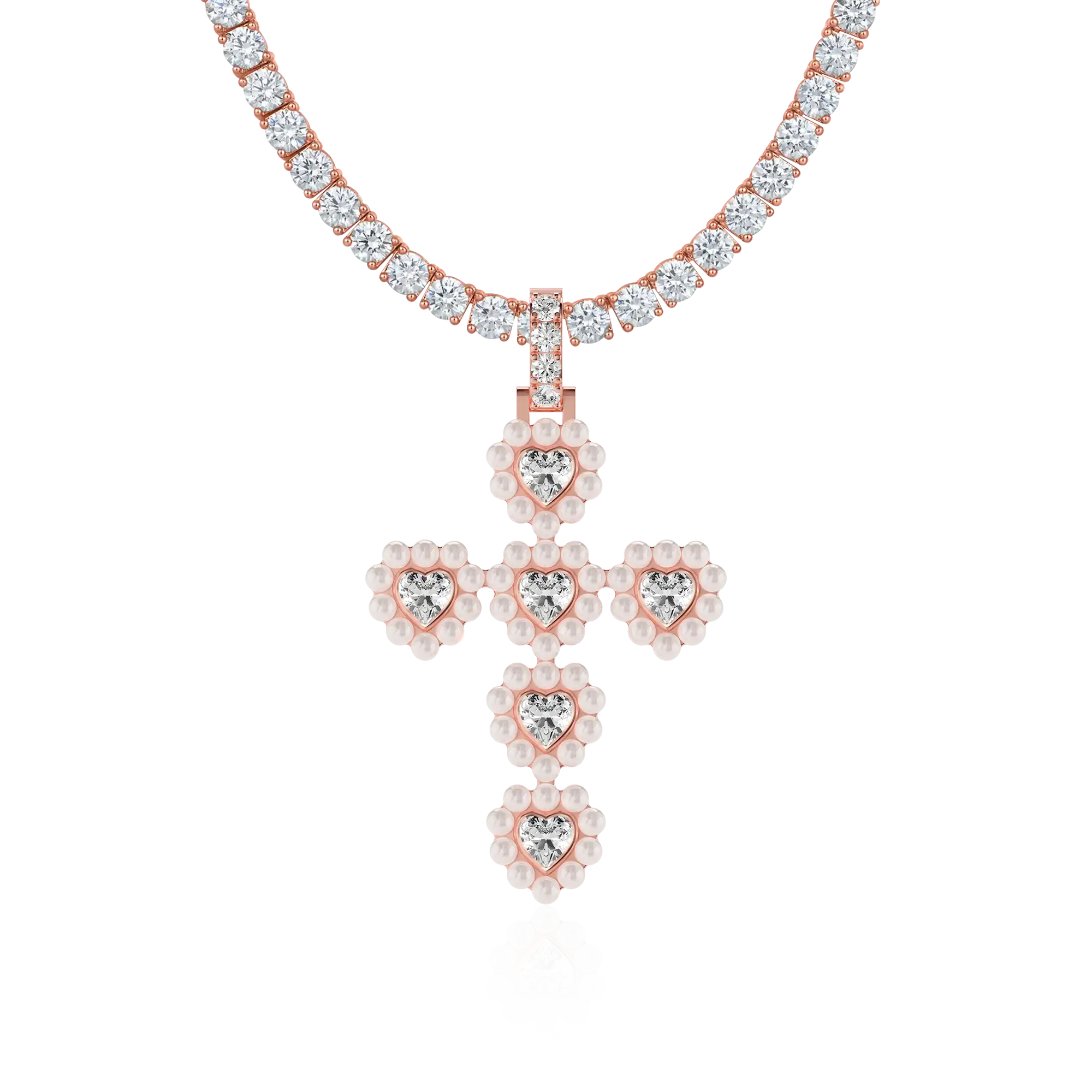 Moissanite Halo Pearl Heart Cross Pendant