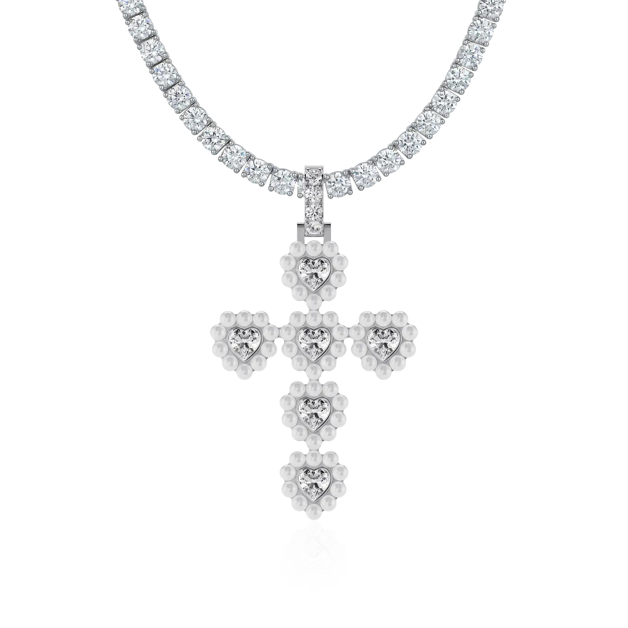 Moissanite Halo Pearl Heart Cross Pendant