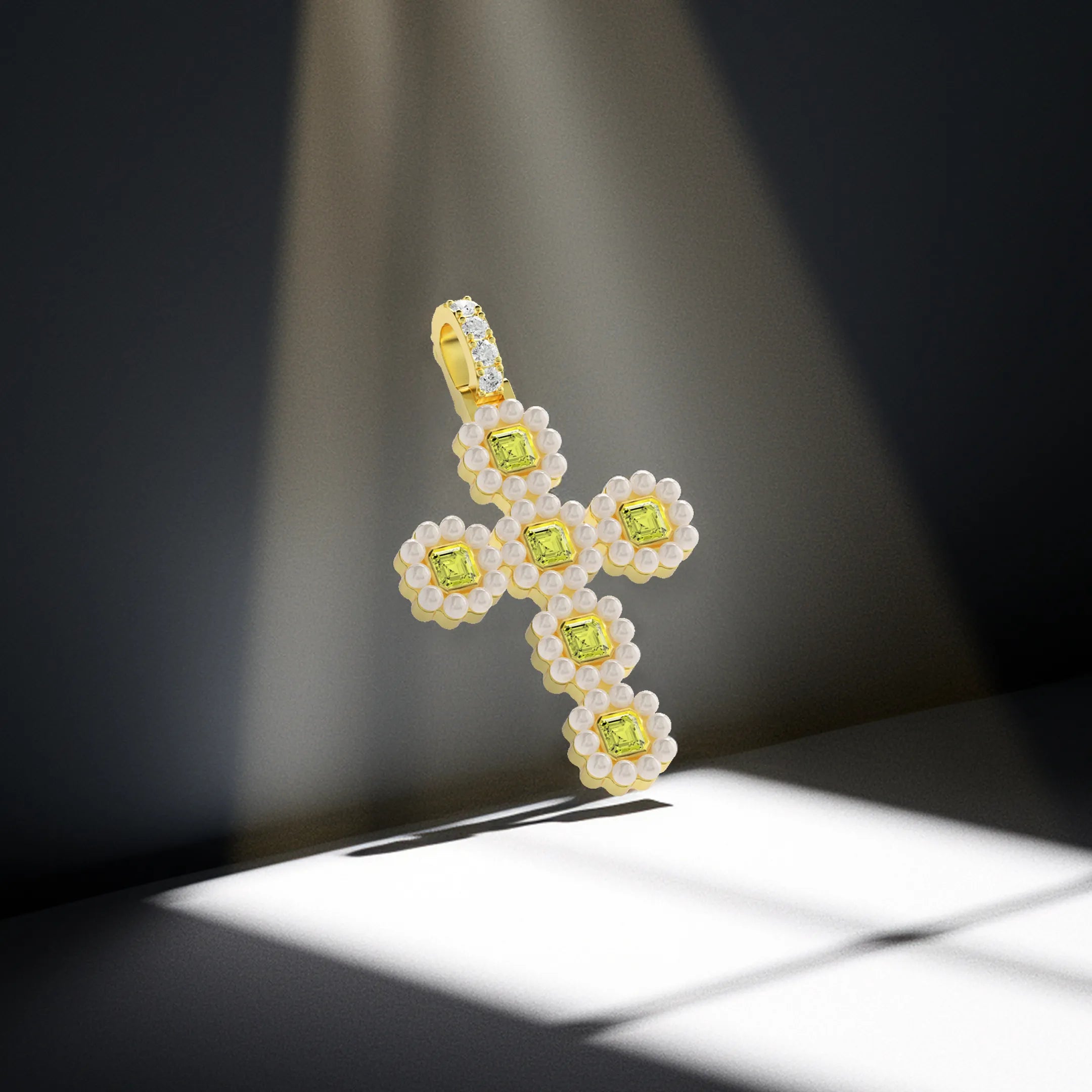 Ciondolo cross di moissanite alone perla canarino