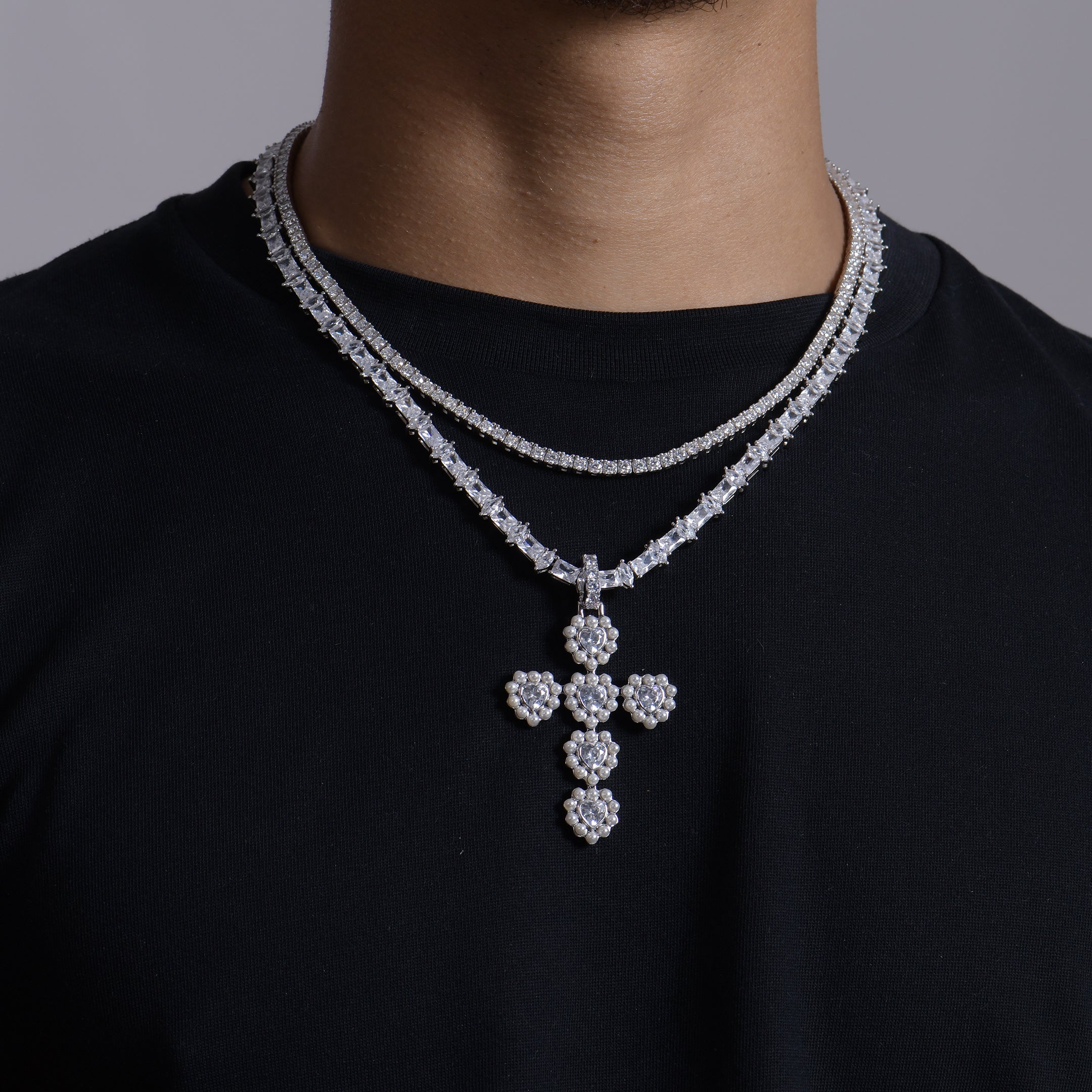 Moissanite Halo Pearl Heart Cross Pendant