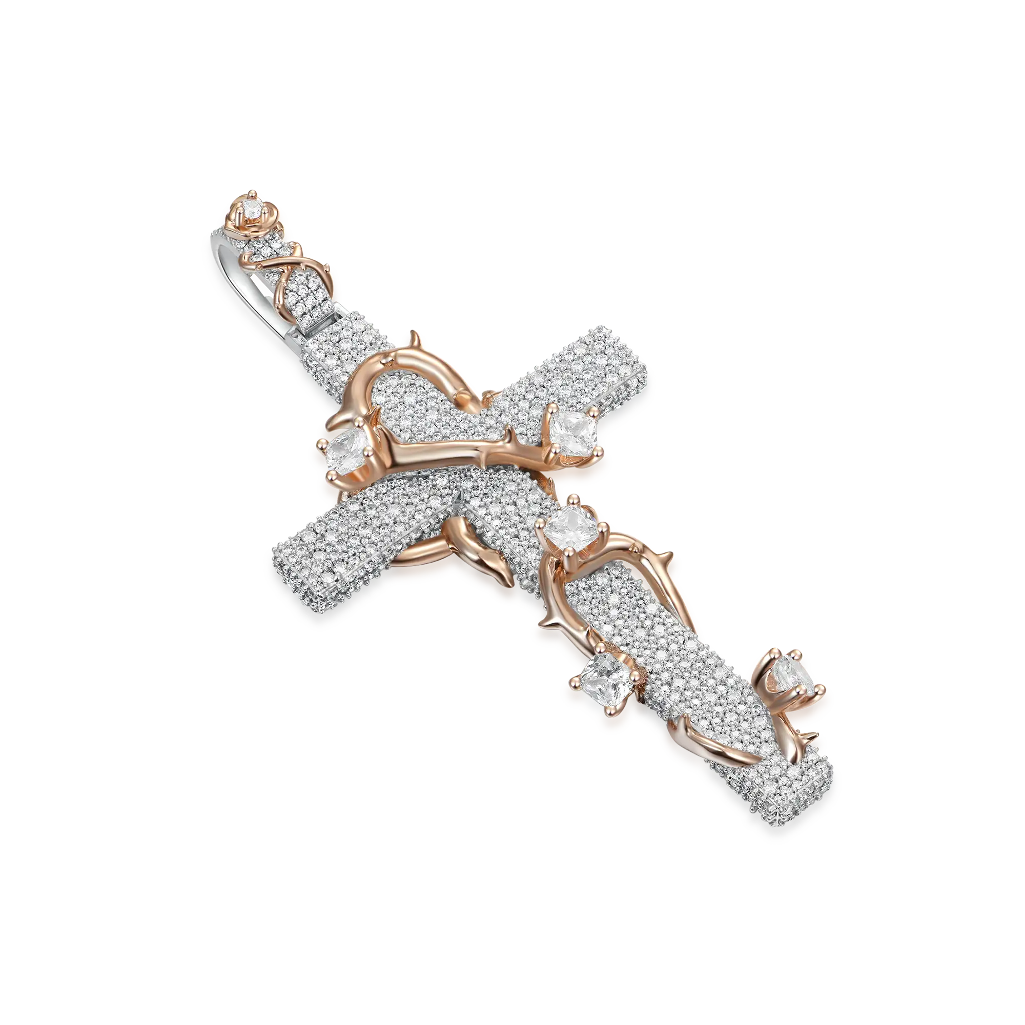 Moissanite Pave Set Thorned Rose Cross Pendant