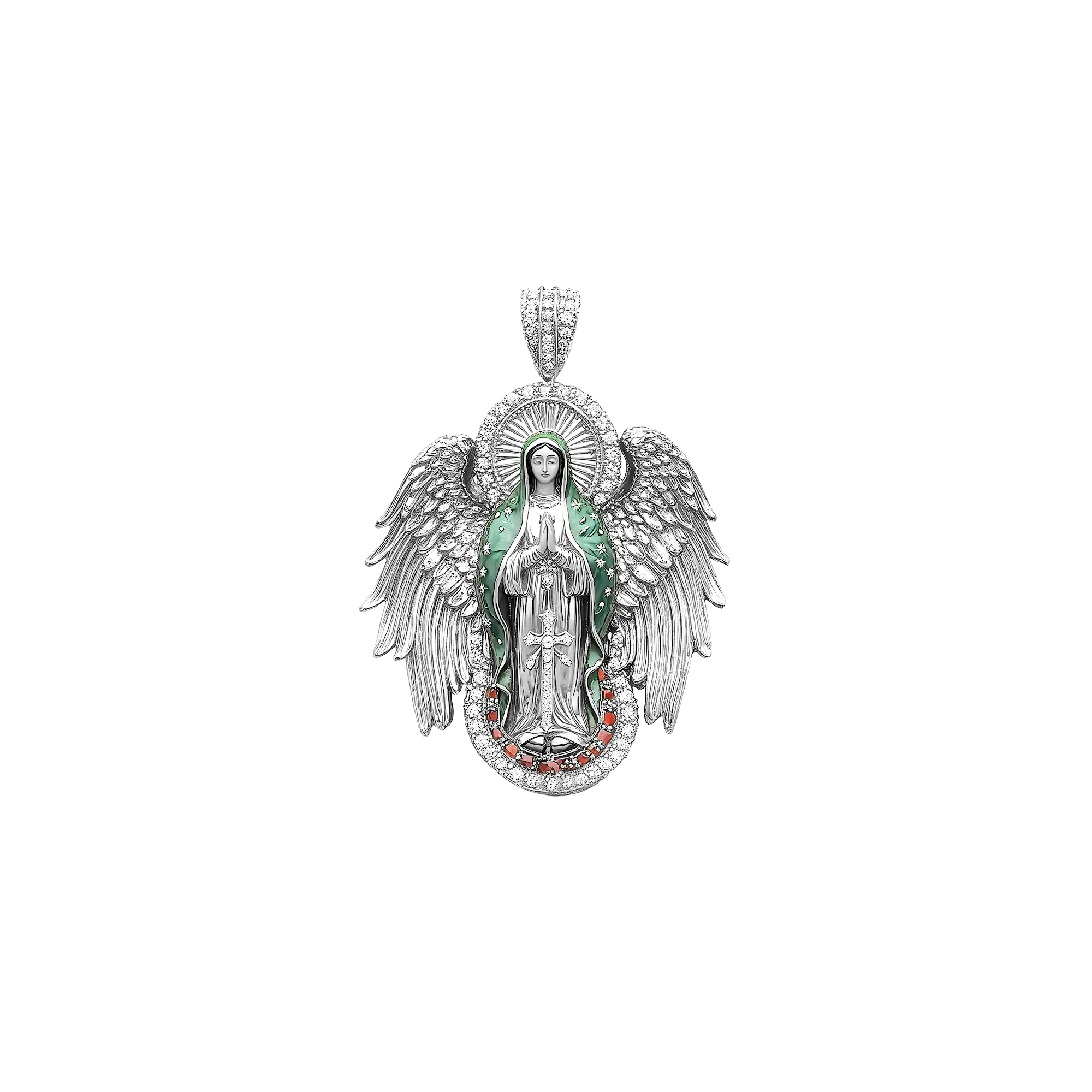 Moissanite Blessed Mary Halo Winged Pendant
