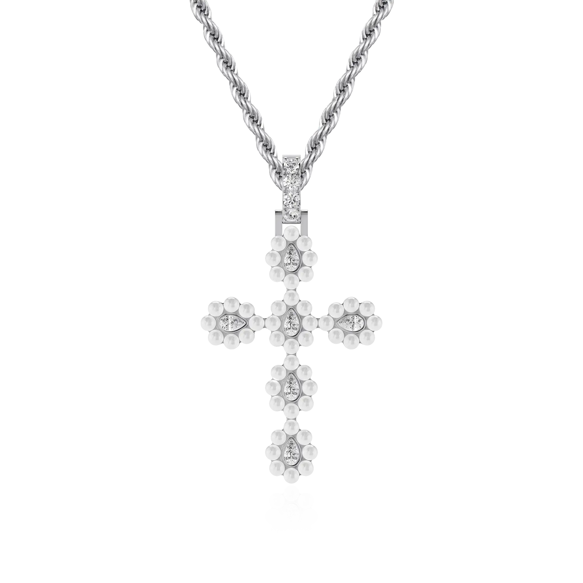 Moissanite Halo Pearl Pear Cross Pendant