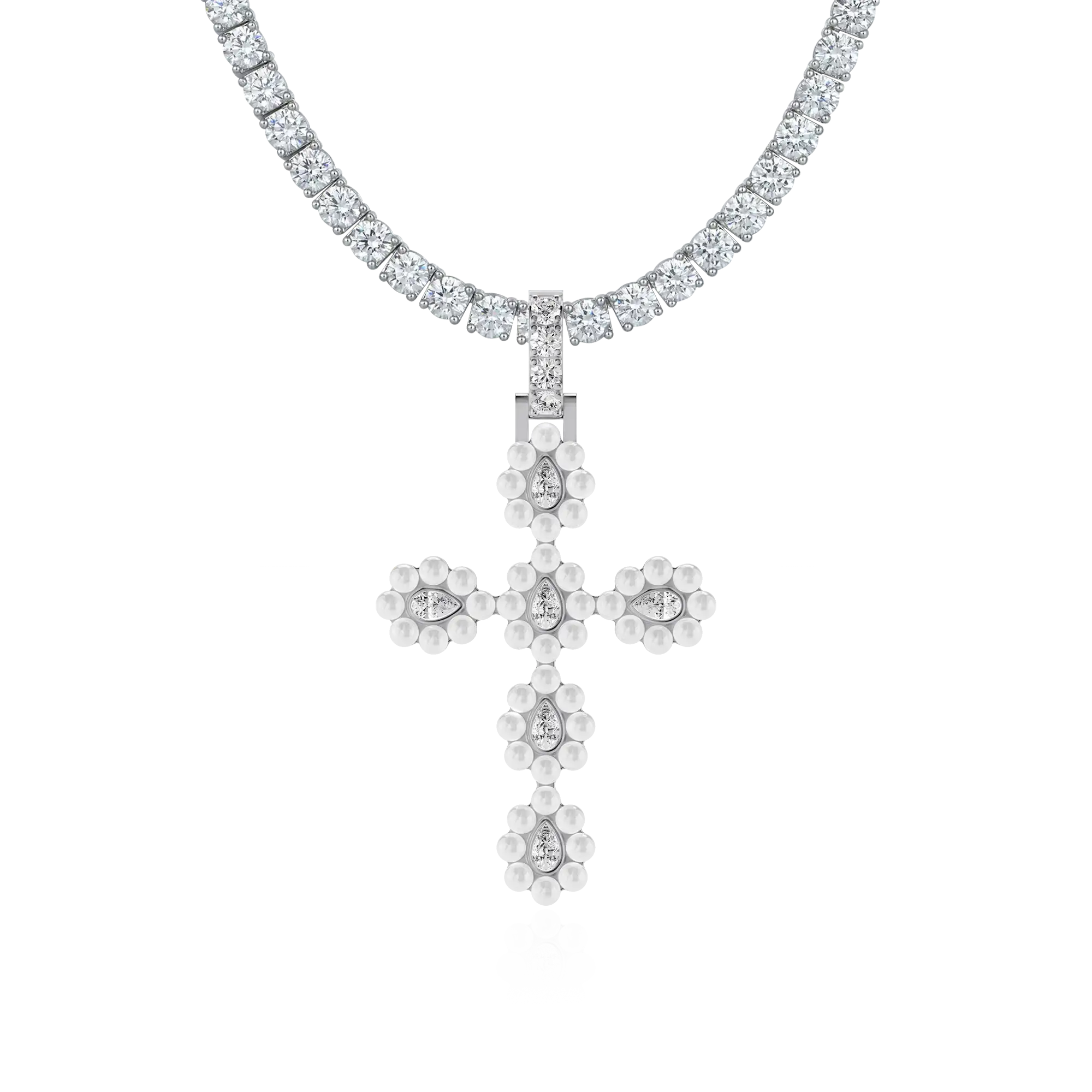 Moissanite Halo Pearl Pear Cross Pendant