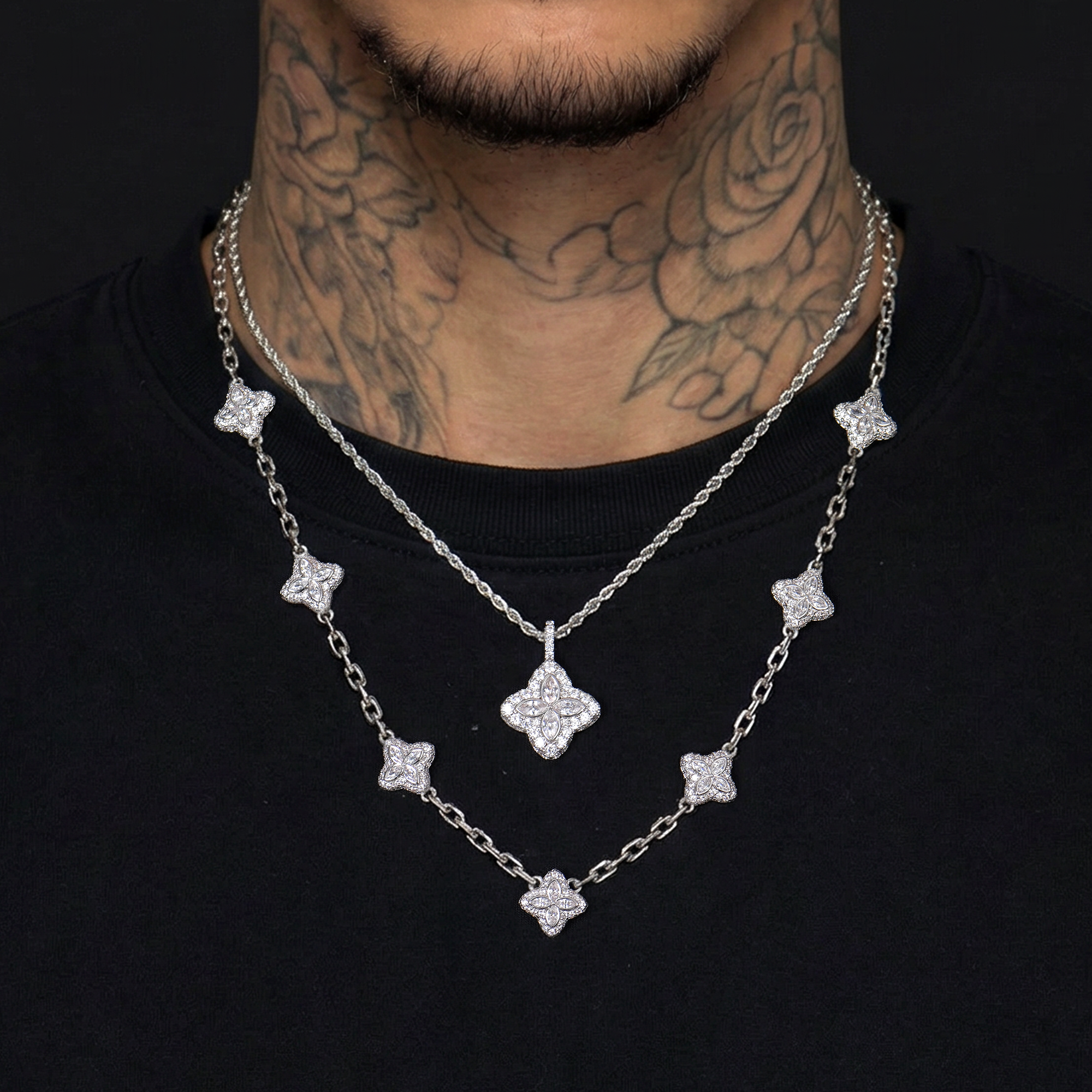 Cadena de trébol luminoso helado & Juego de brazalete - Diamante blanco