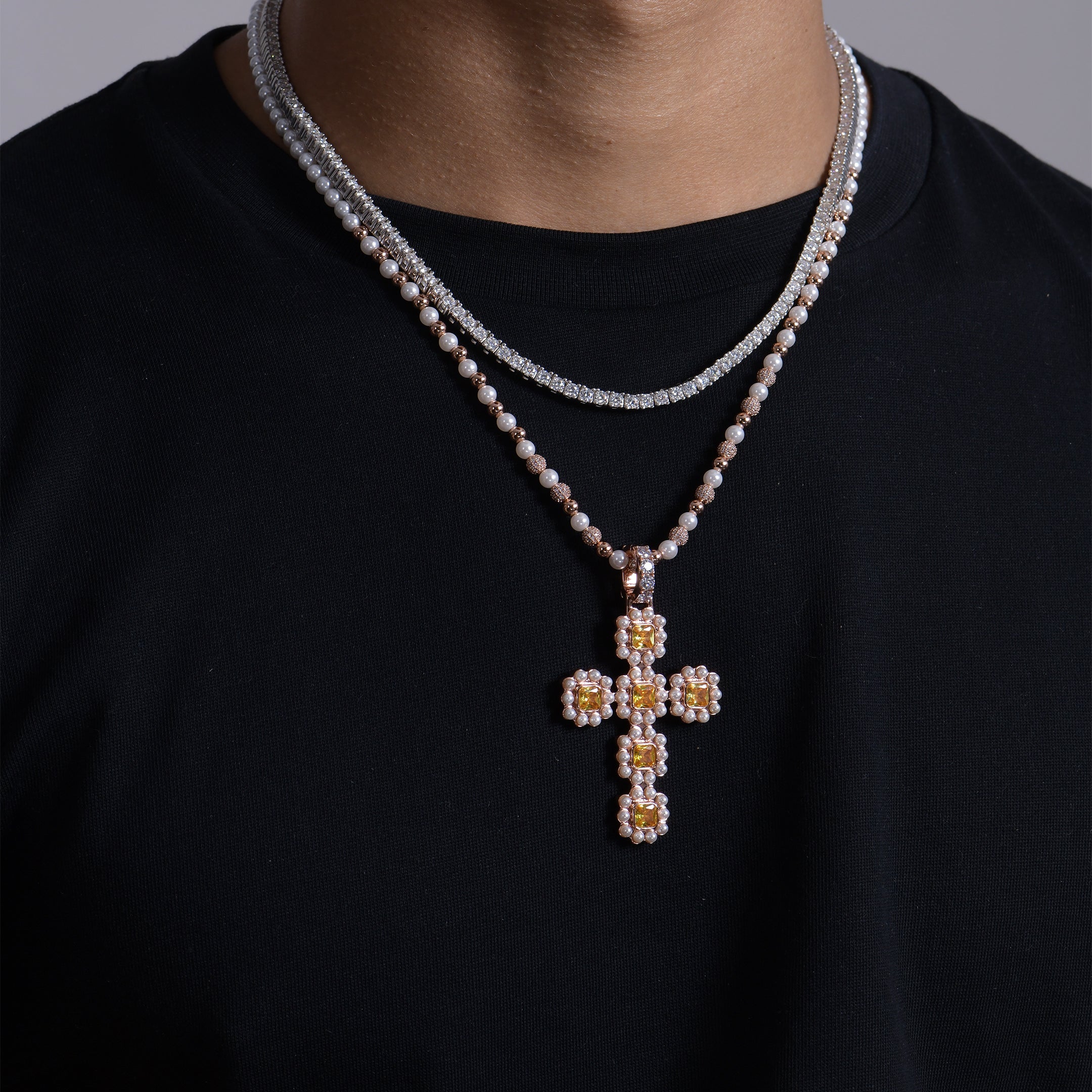 Moissanite Halo Pearl Canary Cross Pendant