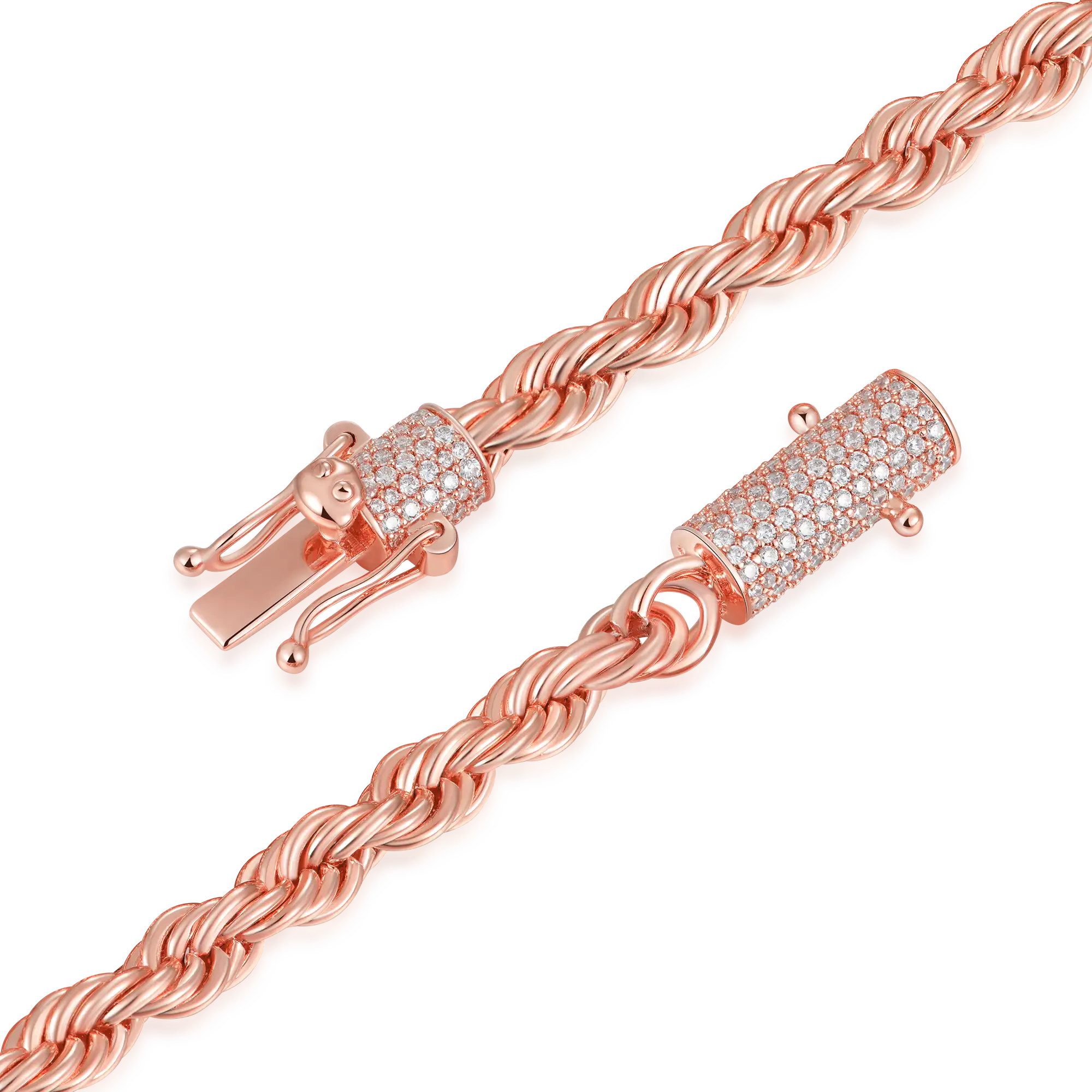 6mm Rope Chain With Iced Clasp - Rose Gold