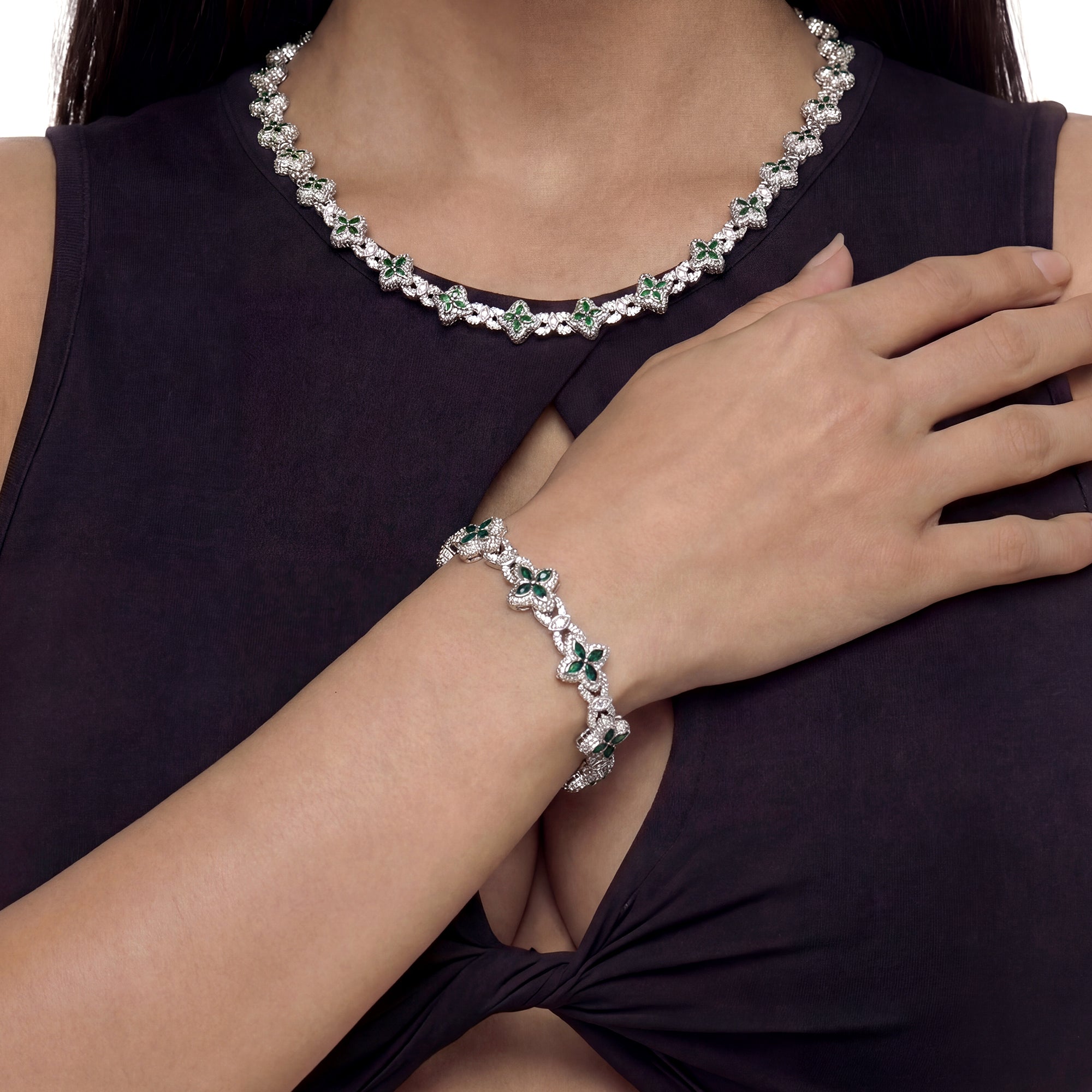 Catena di trifoglio luminosa ghiacciata & Bracciale set