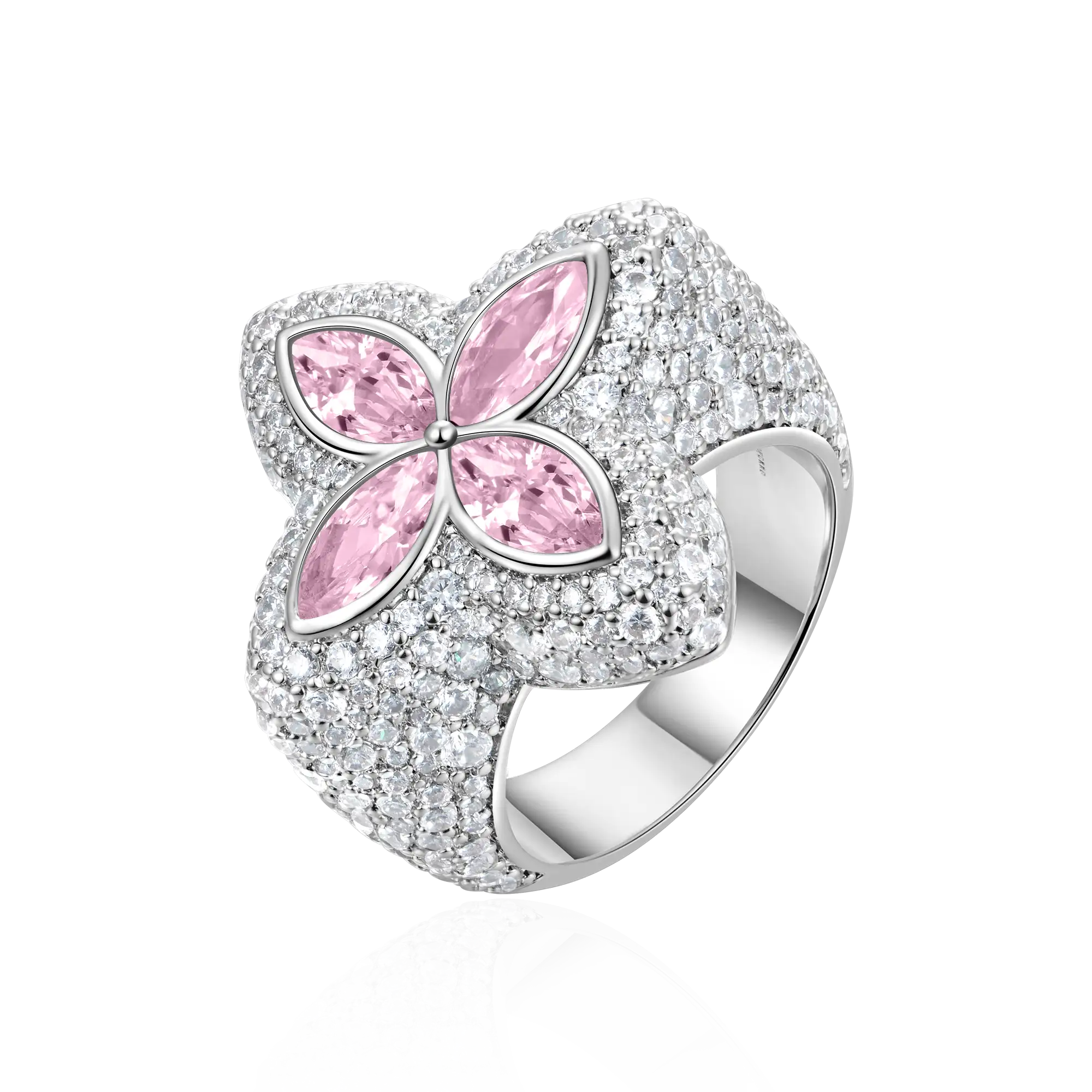 Anillo Trébol Luminoso Helado - Diamante Rosa