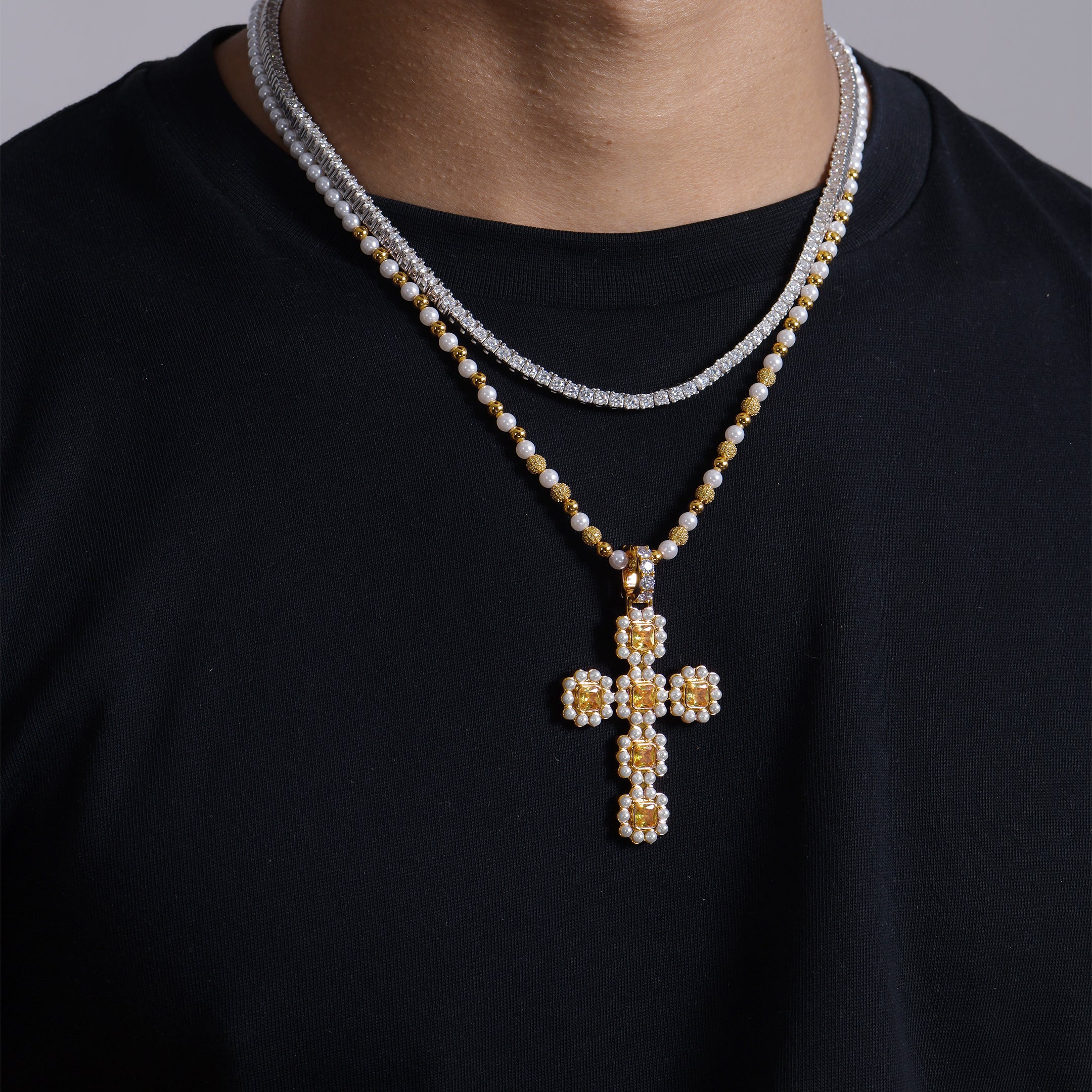 Moissanite Halo Pearl Canary Cross Pendant