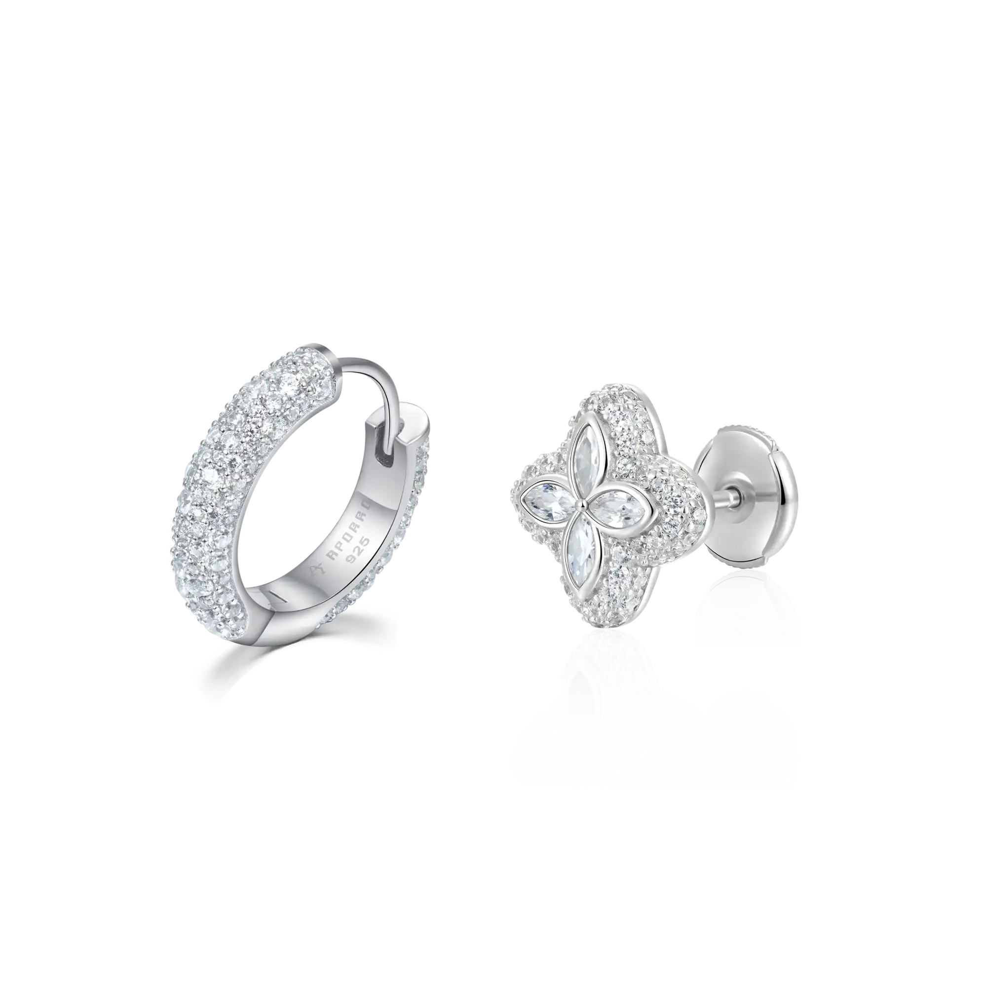 S925 Paved Hoop & Clover Stud Earring Set
