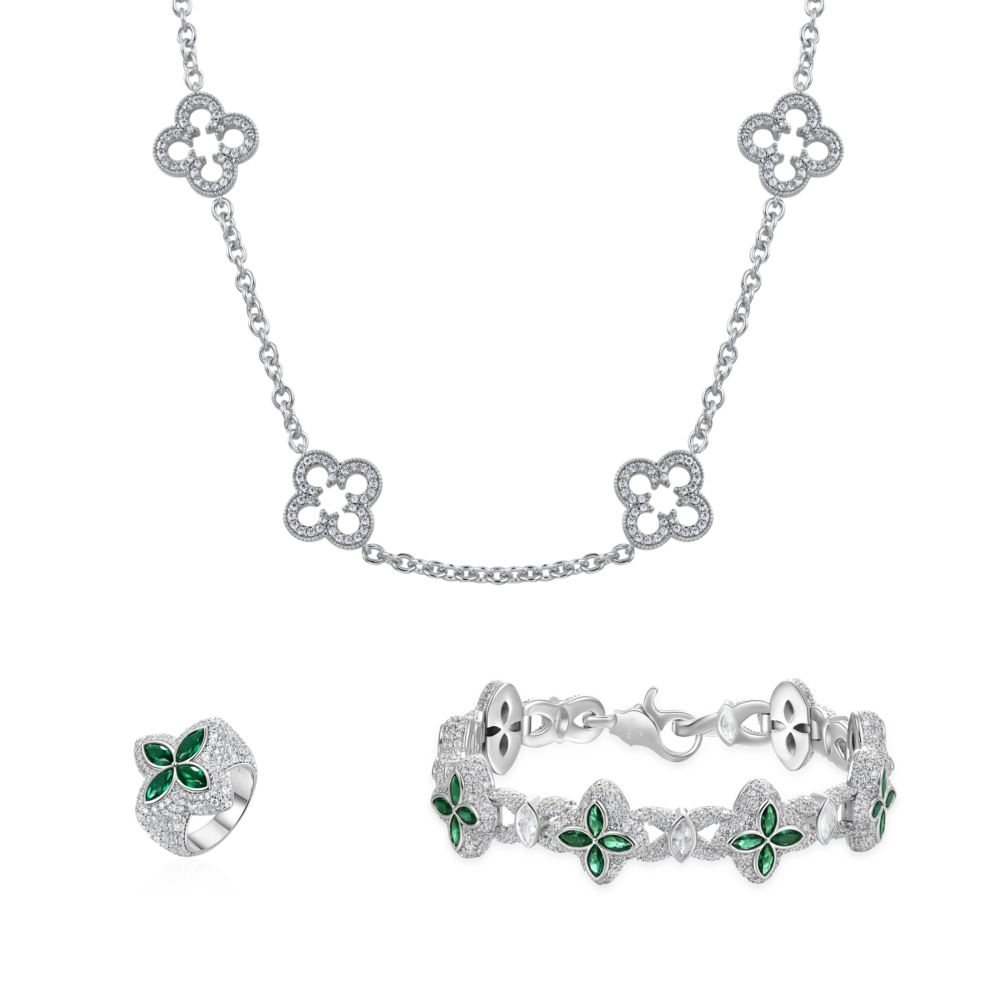 Anello di trifoglio luminoso ghiacciato e set di bracciale + collana da agyin da ghiaccio