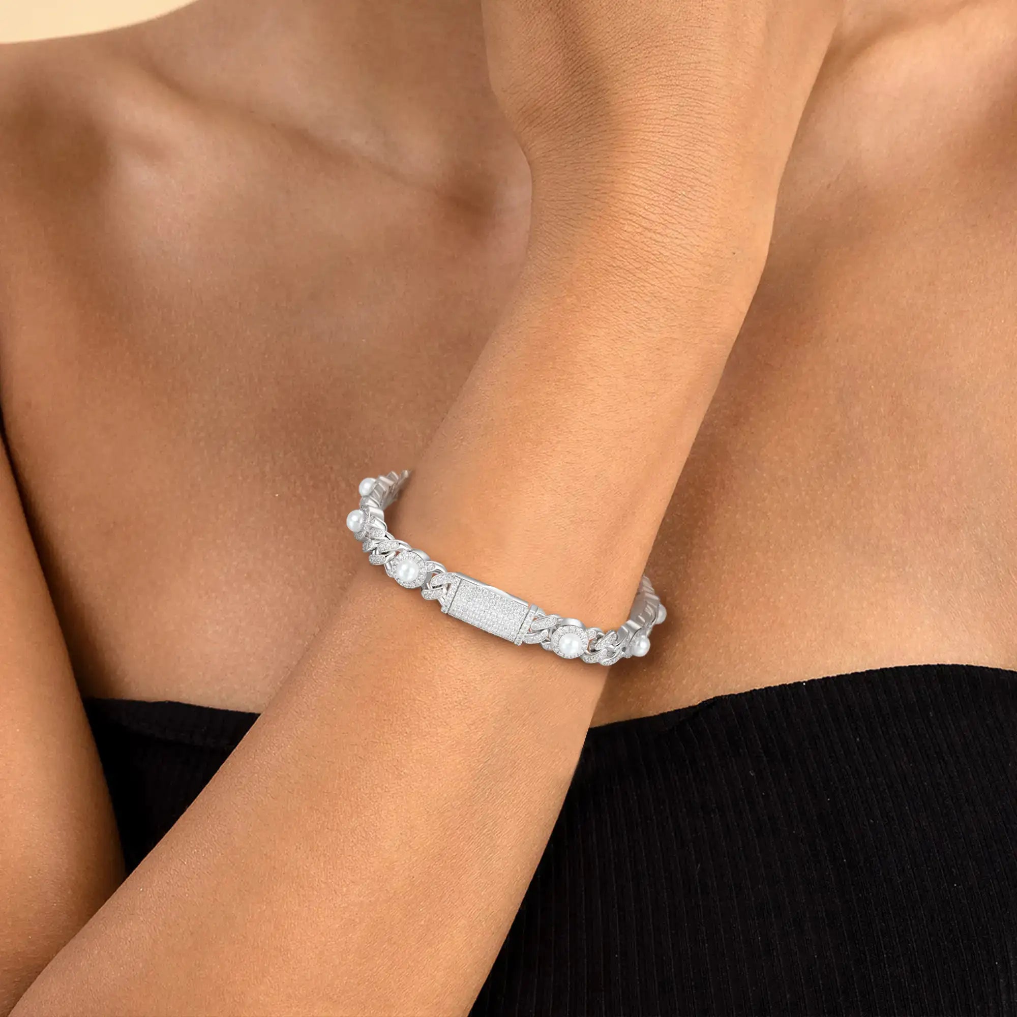 Kubanisches Armband mit Moissanit-Perlenvereisung – 8 mm