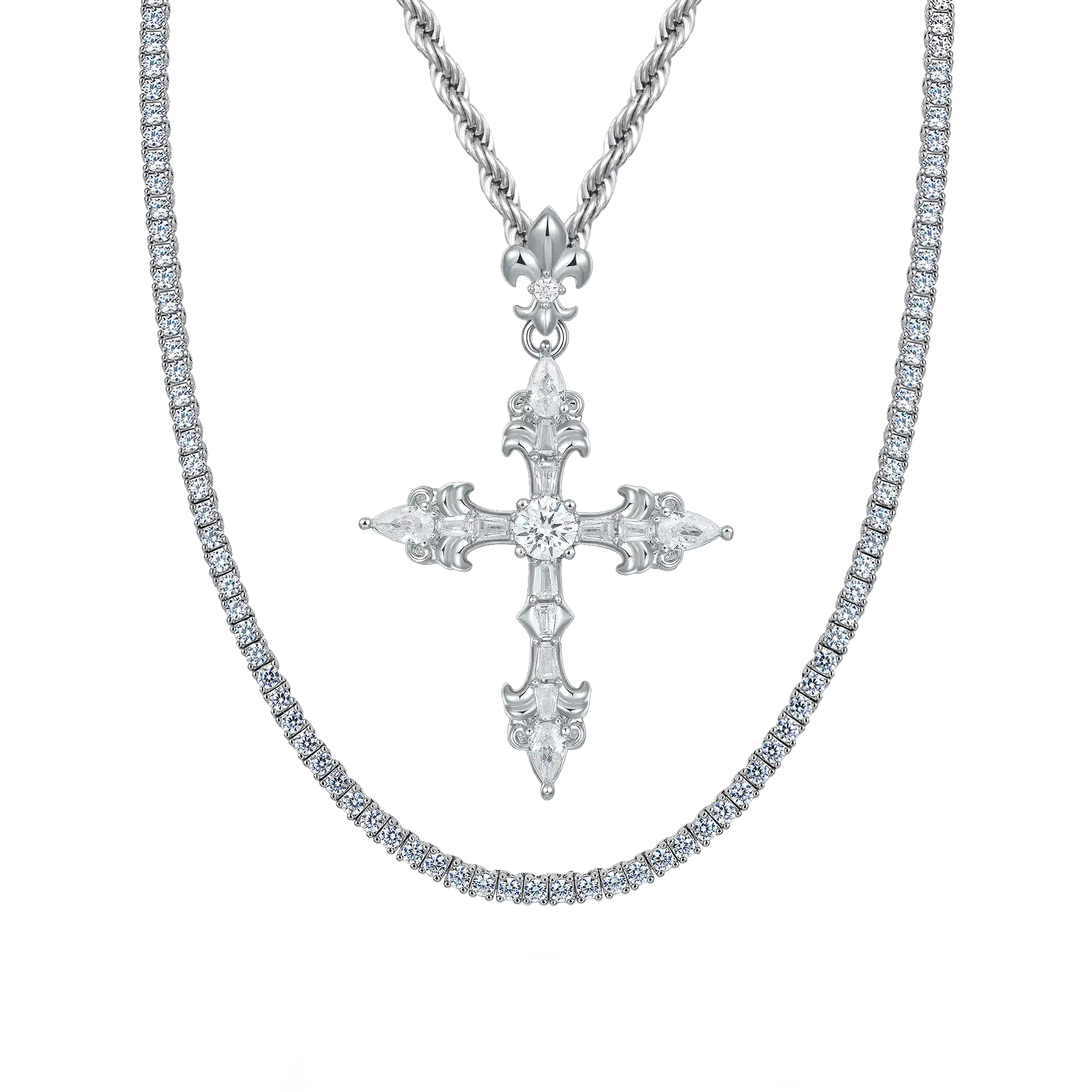 Fleur De Lis Cross Pendant + Tennis Chain Gift Set