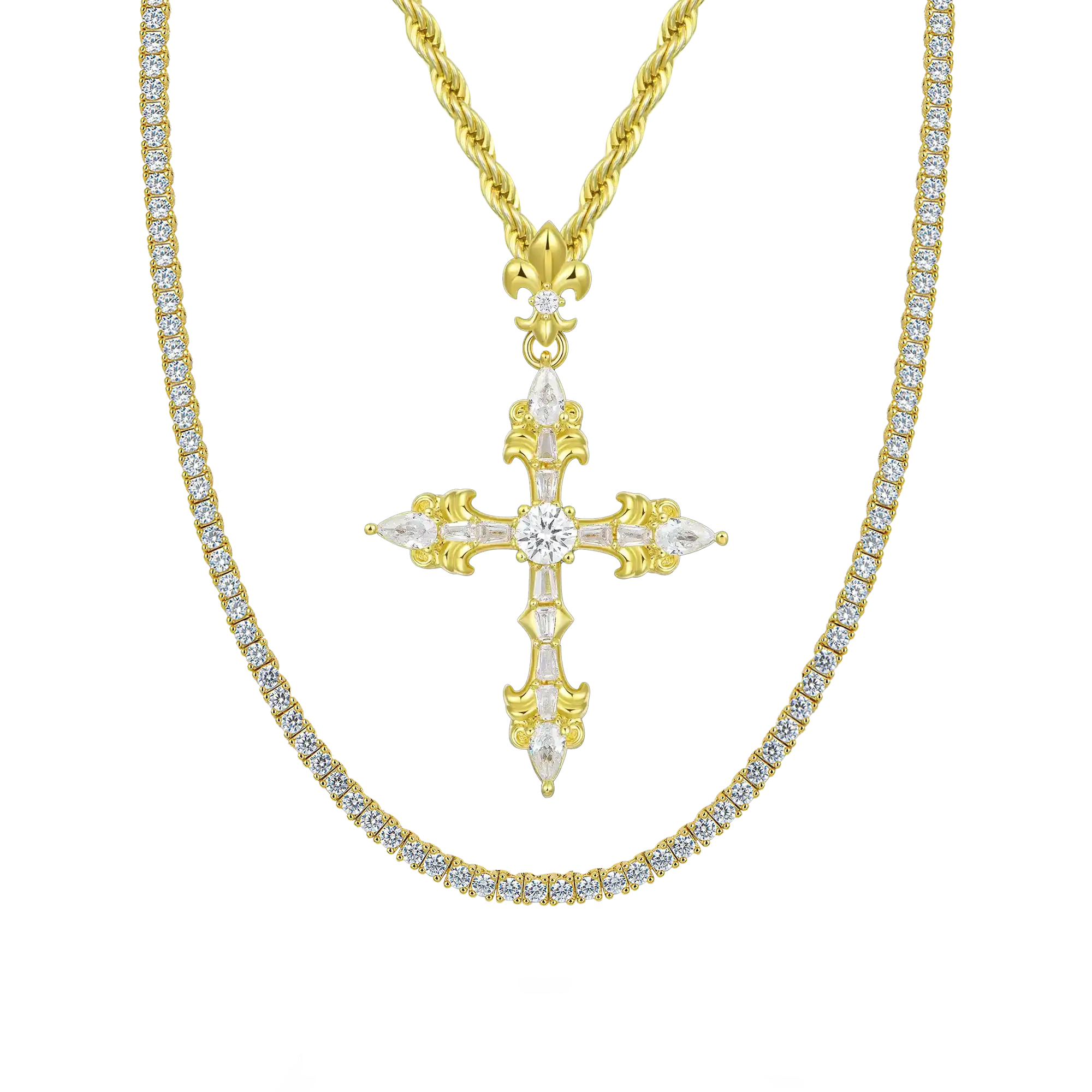 Fleur De Lis Cross Pendant + Tennis Chain Gift Set