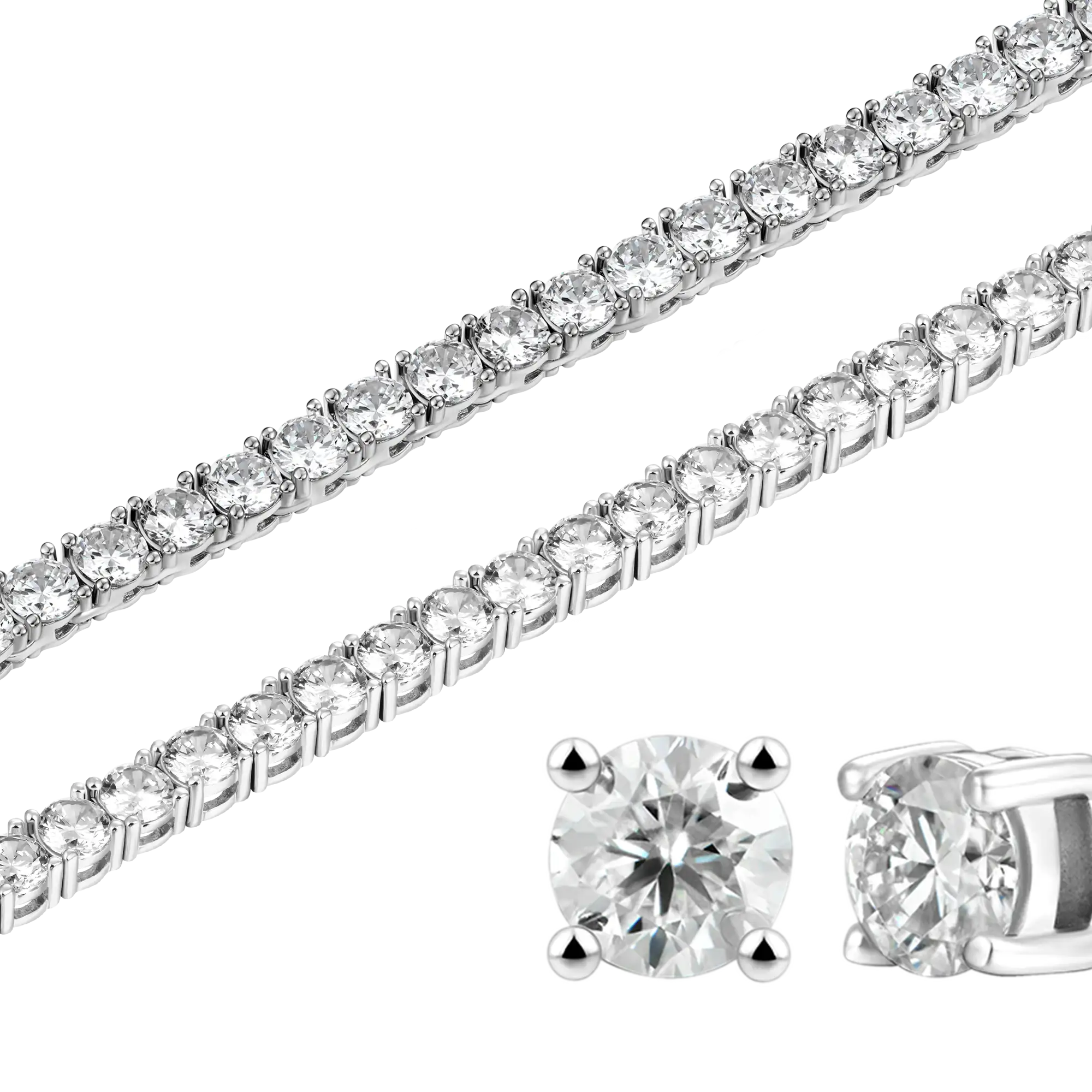 3mm Iced Tennis Chain + 5mm Iced Tennis Bracelet + Moissanite Stud Earring Bundle