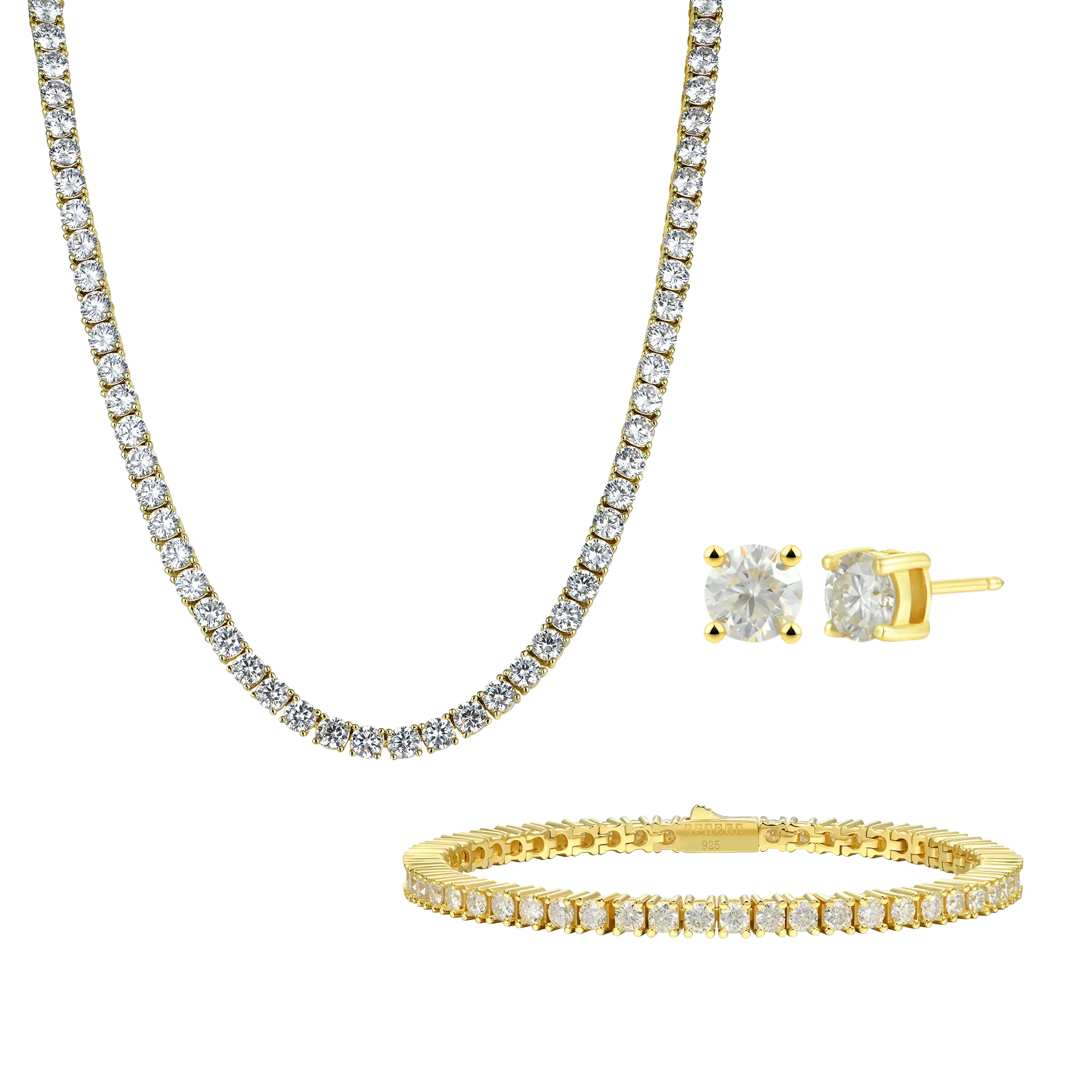3mm Iced Tennis Chain + 5mm Iced Tennis Bracelet + Moissanite Stud Earring Bundle