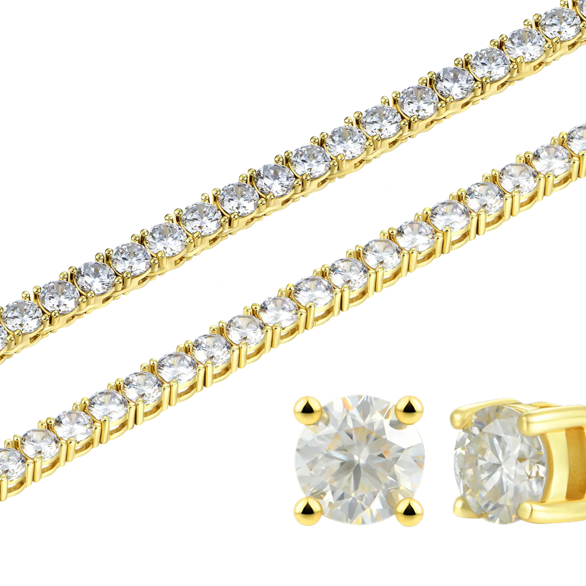 3mm Iced Tennis Chain + 5mm Iced Tennis Bracelet + Moissanite Stud Earring Bundle