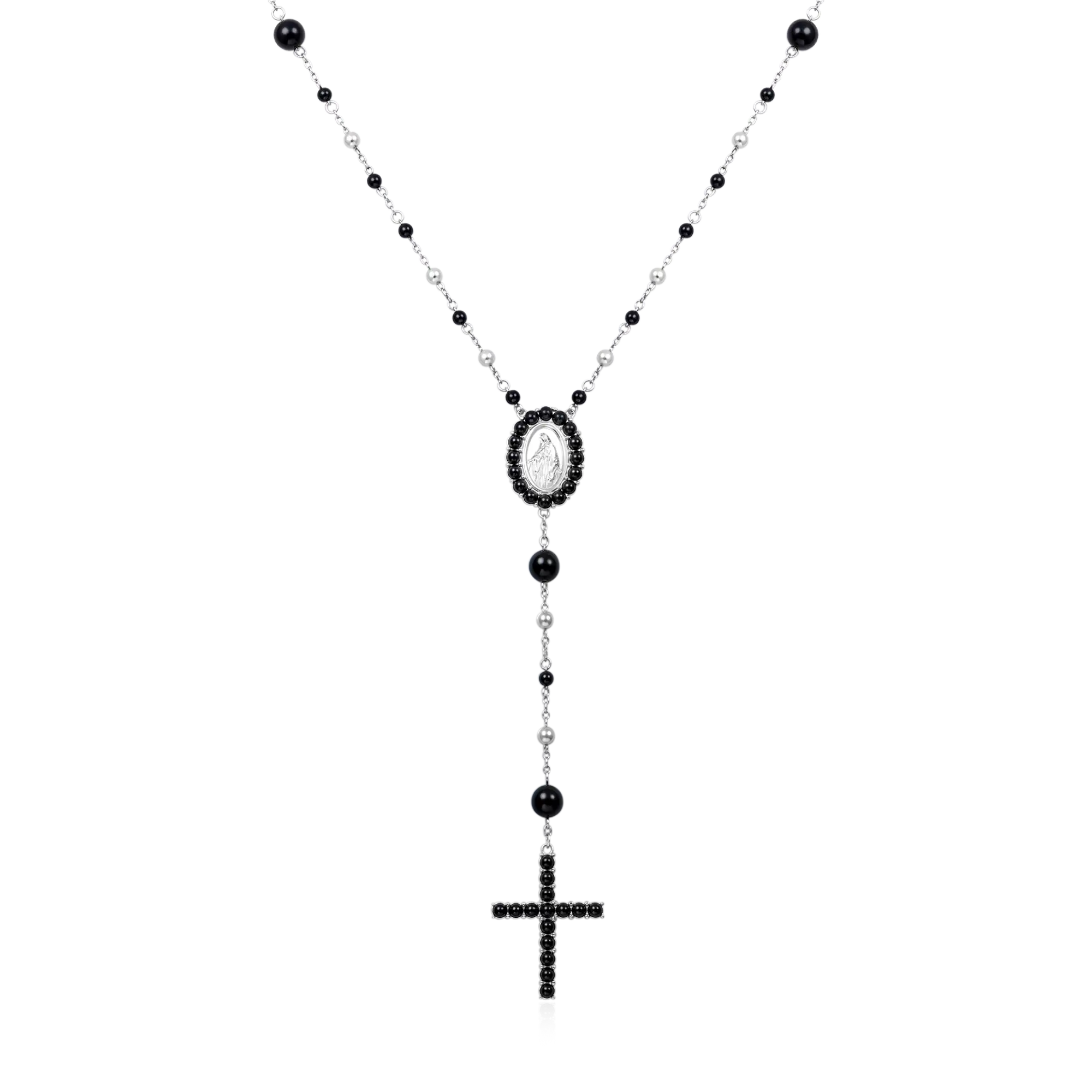Midnight Pearl Virgin Mary Rosary Necklace
