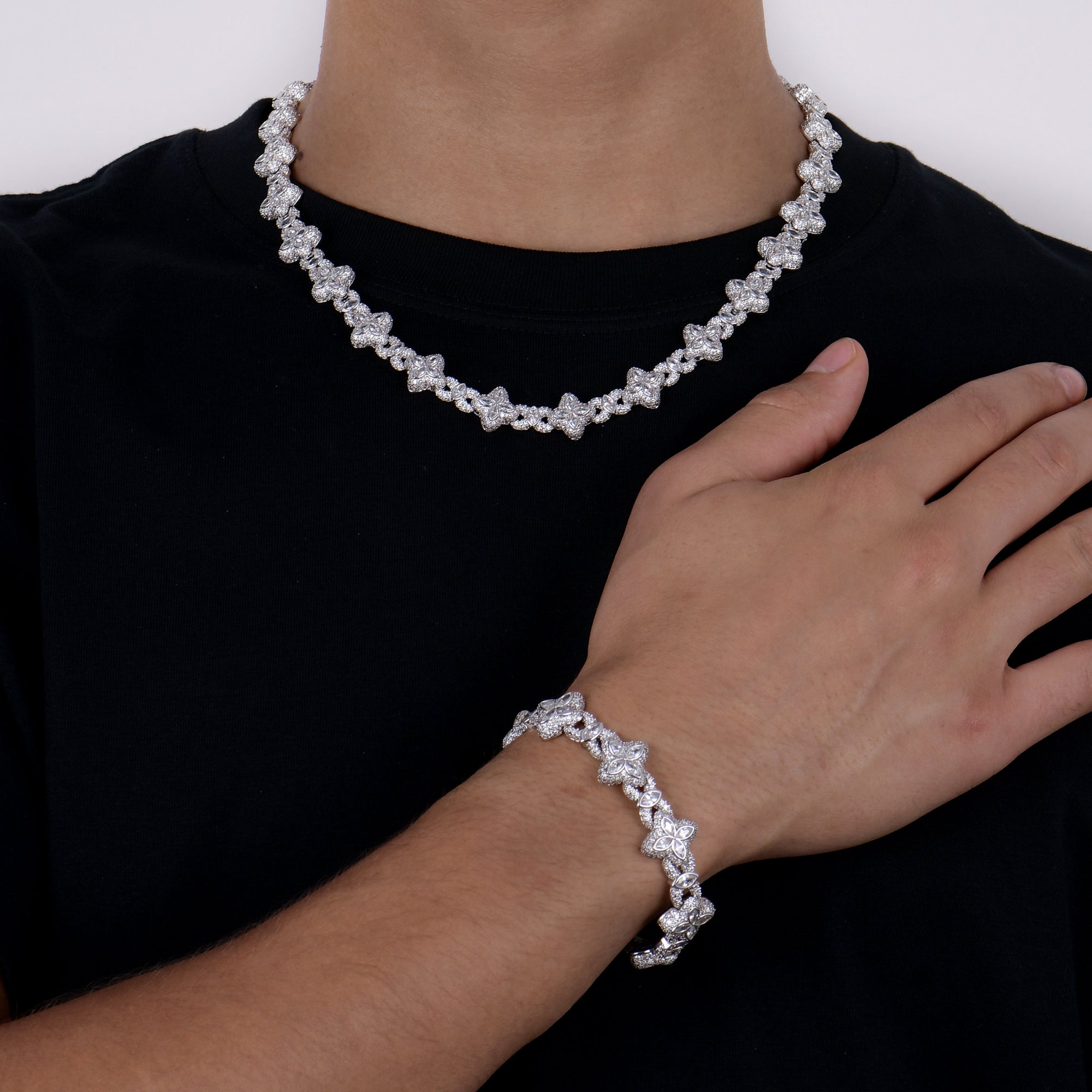 Chaîne de trèfle lumineuse glacée & Ensemble de bracelet - Diamond blanc