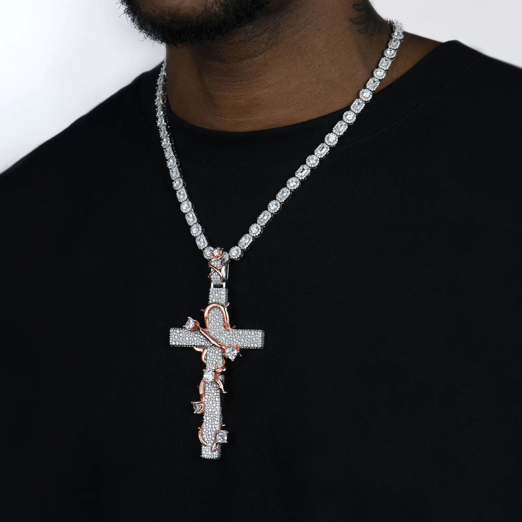 Moissanite Pave Set Thorned Rose Cross Pendant