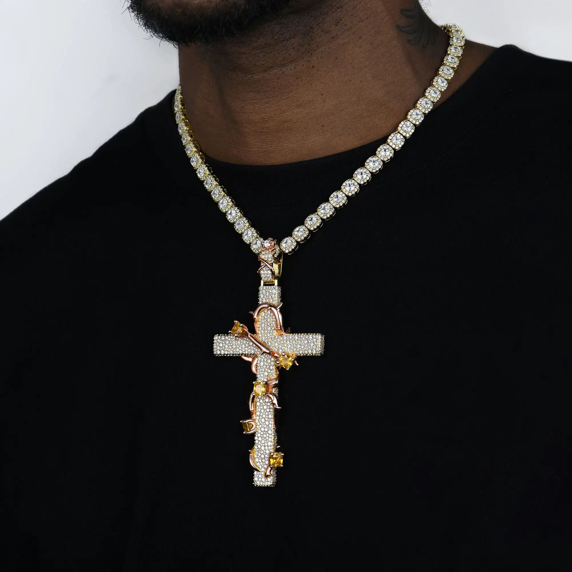 Moissanite Pave Set Thorned Rose Cross Pendant