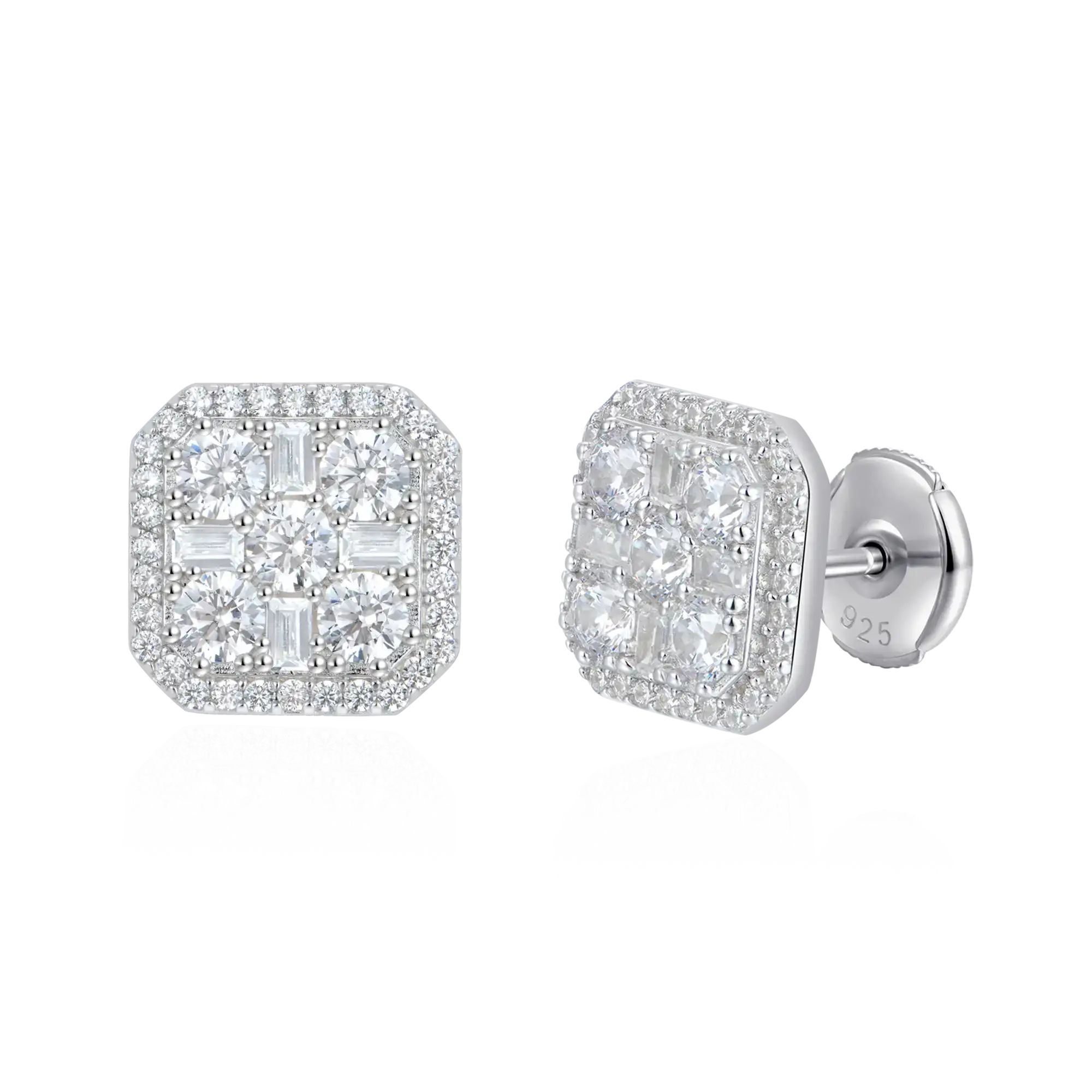 Octagon Baguette Mix Halo Stud Earrings - Pair