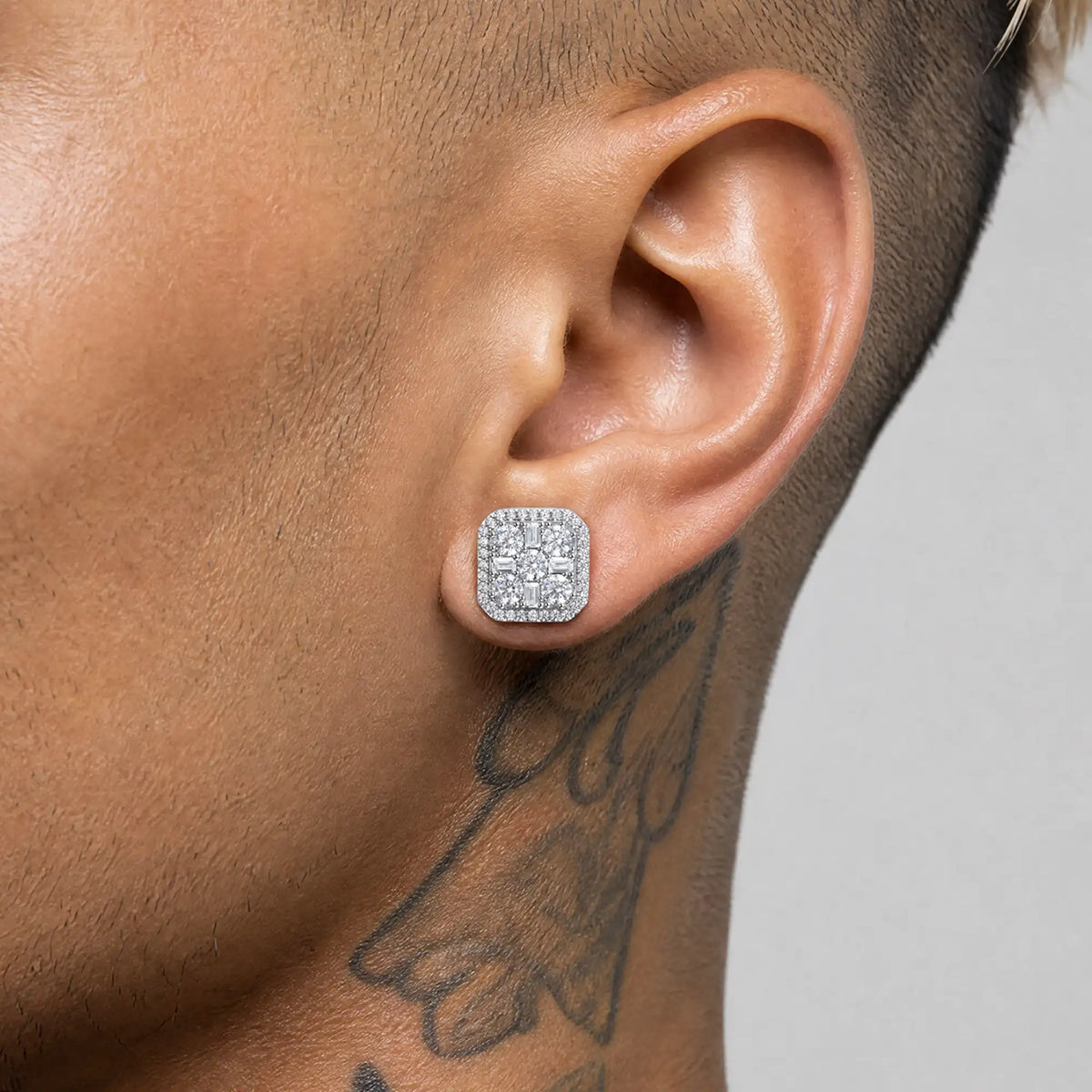 S925 Octagon Baguette Mix Halo Stud Earrings - Pair