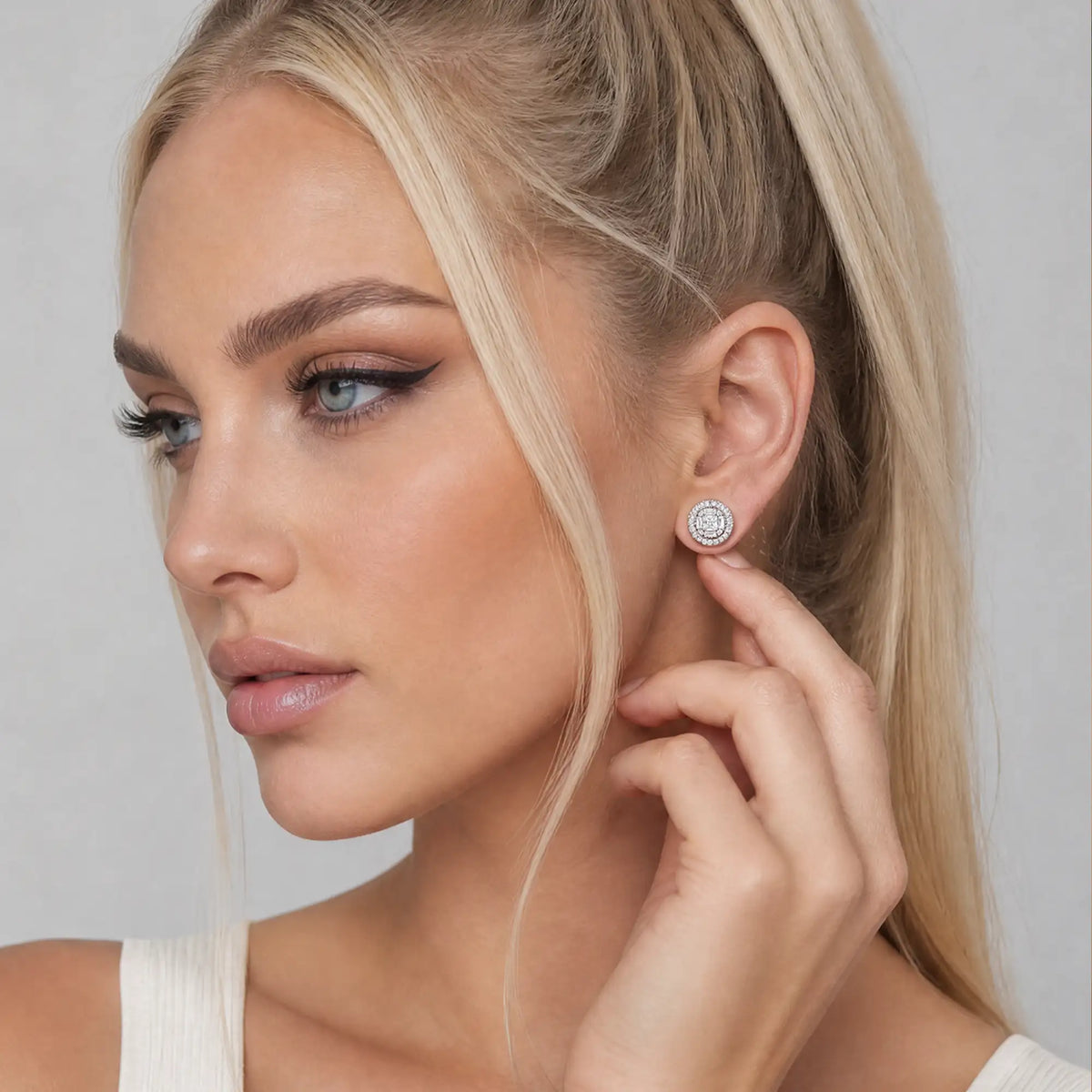 S925 Baguette Mix Round Cut Halo Stud Earrings - Pair