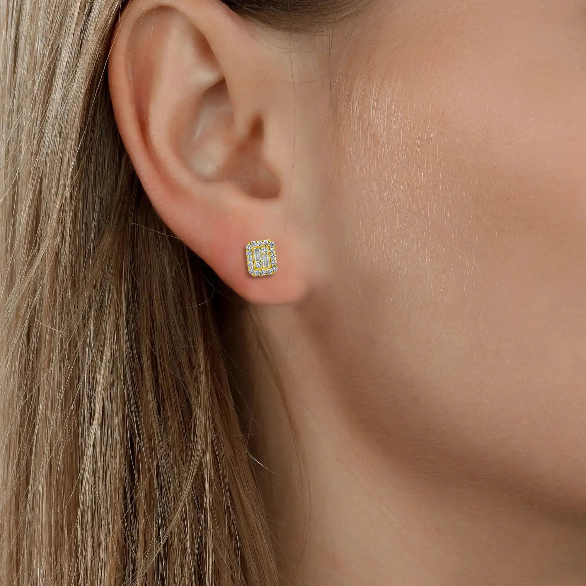 S925 Emerald Cut Mix Halo Stud Earrings - Pair