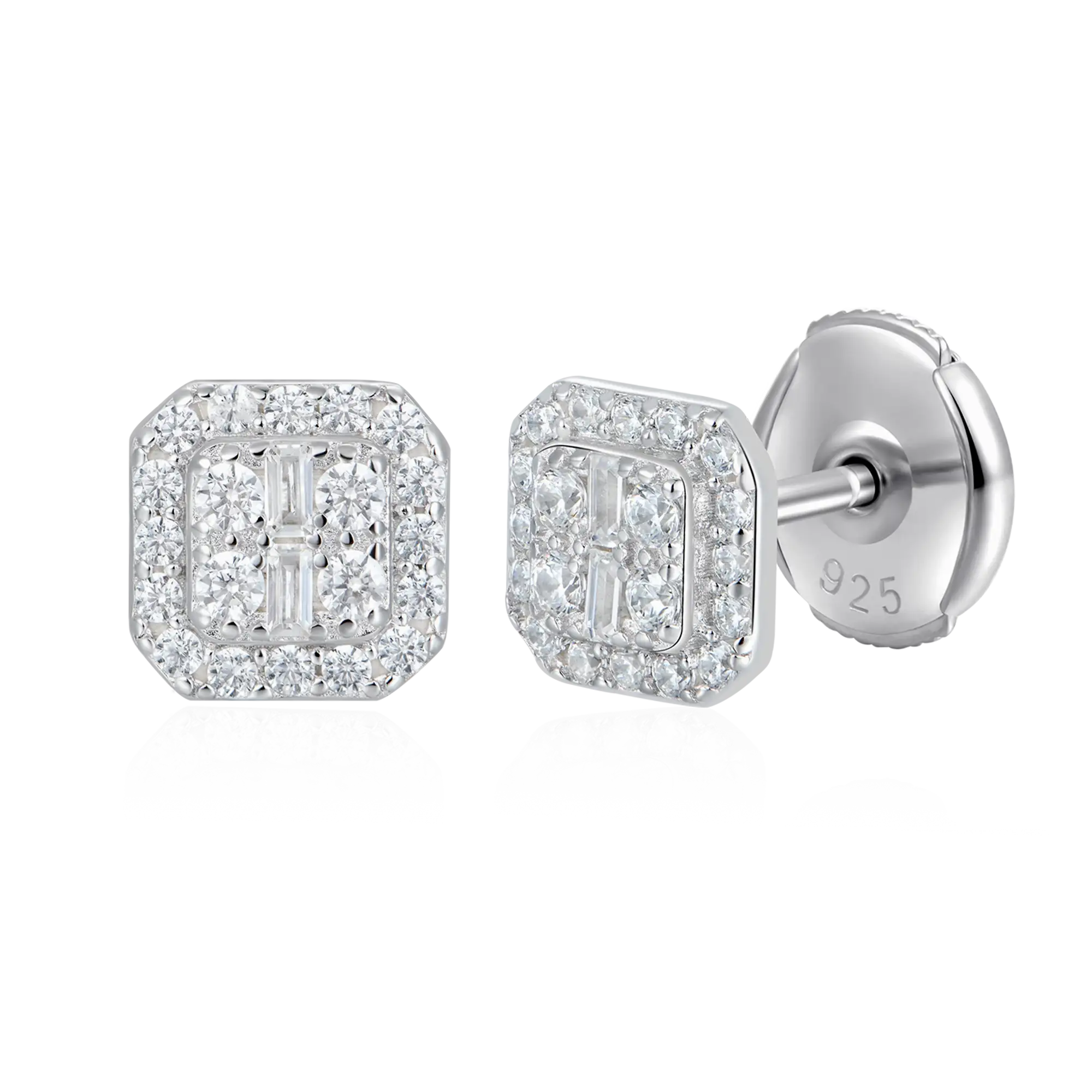 Octagon Baguette Mix Halo Stud Earrings - Pair