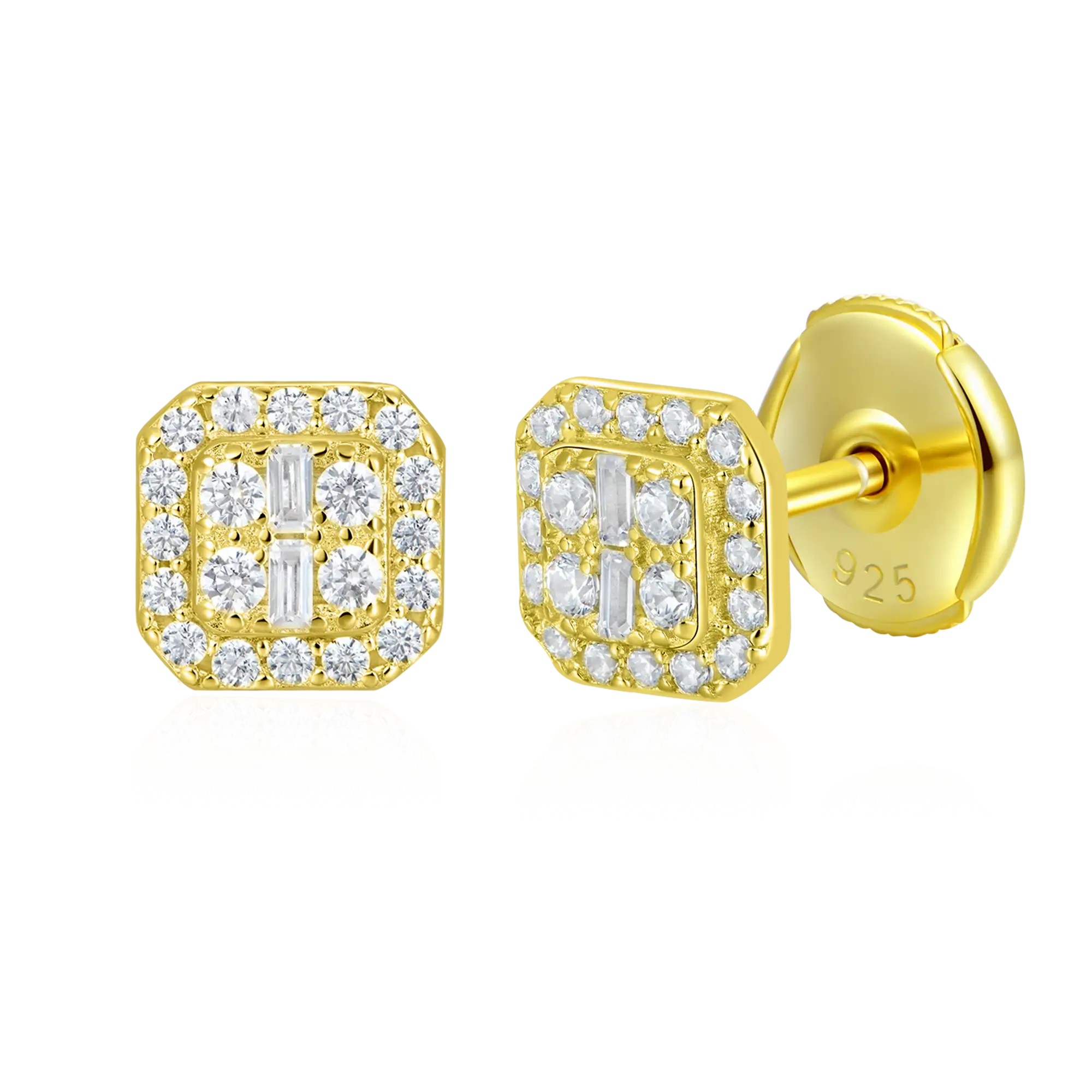 Octagon Baguette Mix Halo Stud Earrings - Pair