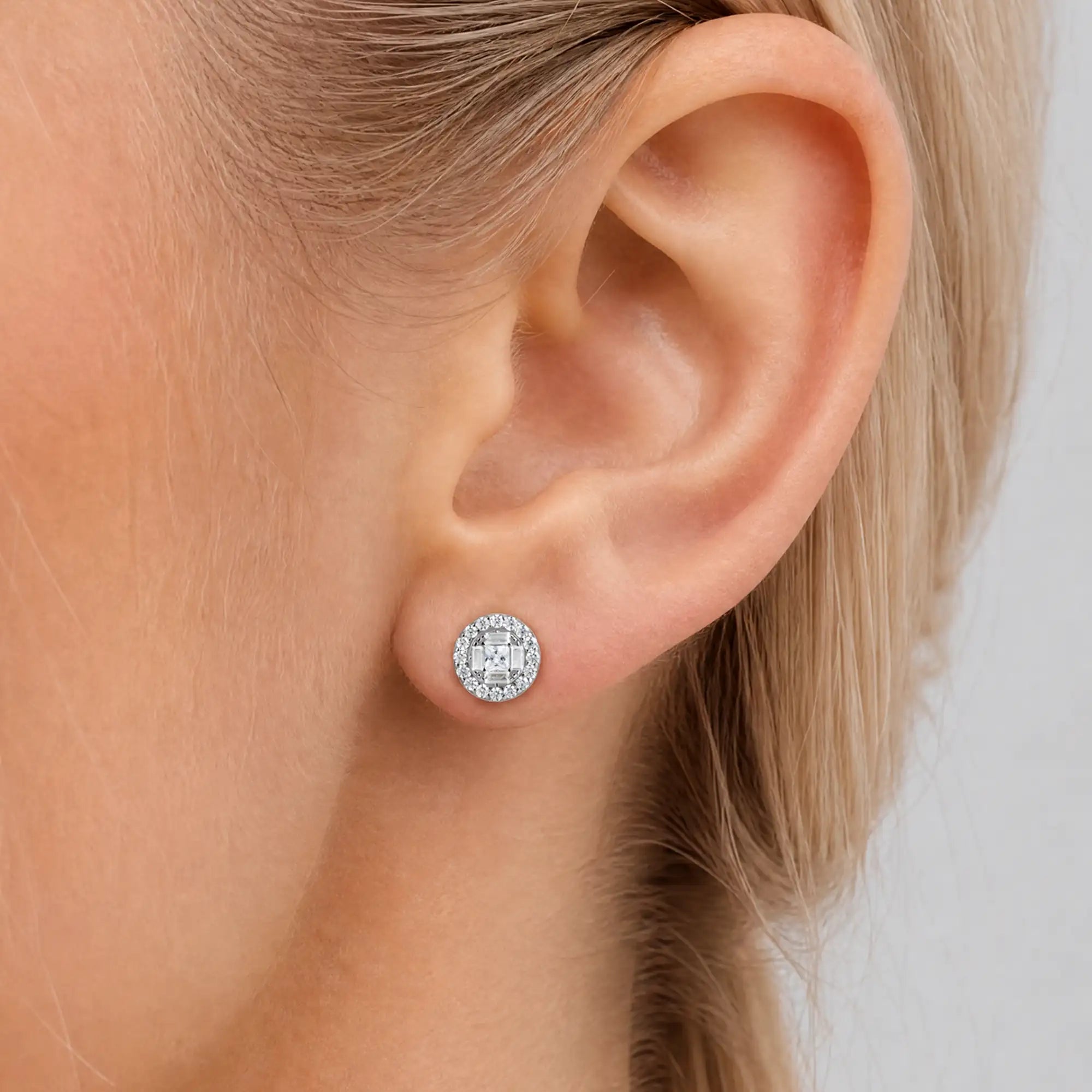 S925 Baguette Mix Round Cut Halo Stud Earrings - Pair